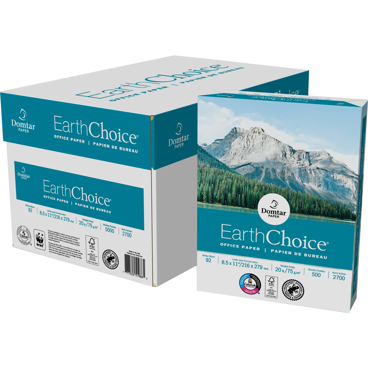 Domtar EarthChoice Office Multi-Use Printer & Copy Paper, 10 Reams, White, Letter (8.5in x 11in), 5000 Sheets Per Case, 20 Lb, 92 Brightness