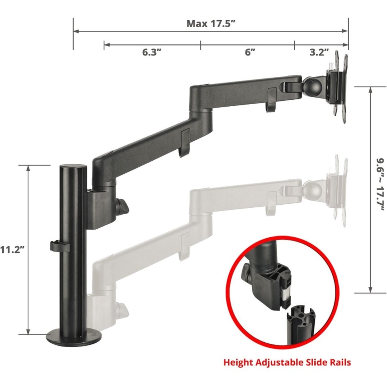 SIIG Single Pole Arm Multi-Angle Replaceable Articulating Monitor Desk Mount - 14in to 30in - Heavy Duty Multi-Adjustable Mount - Up to 17.6lbs - Image 4