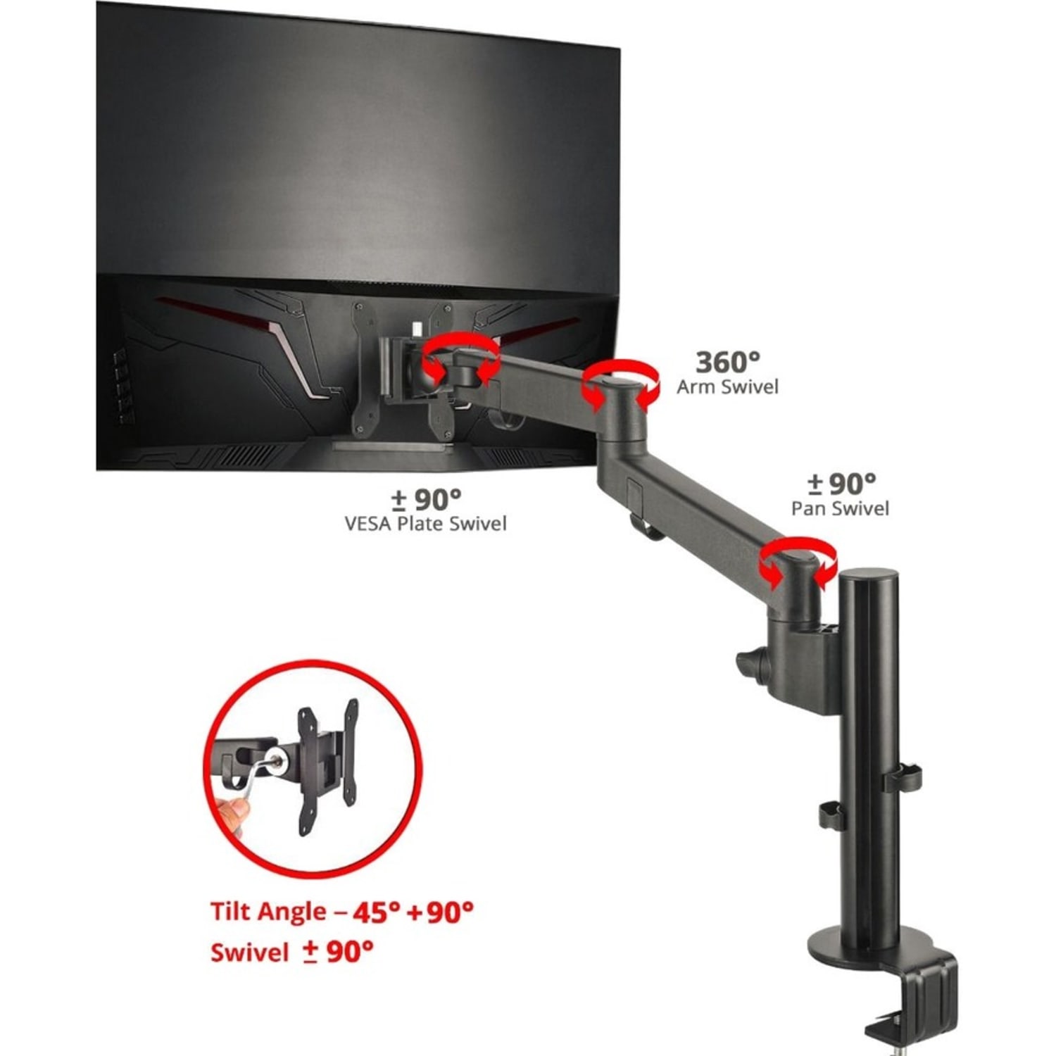 SIIG Single Pole Arm Multi-Angle Replaceable Articulating Monitor Desk Mount - 14in to 30in - Heavy Duty Multi-Adjustable Mount - Up to 17.6lbs - Image 6