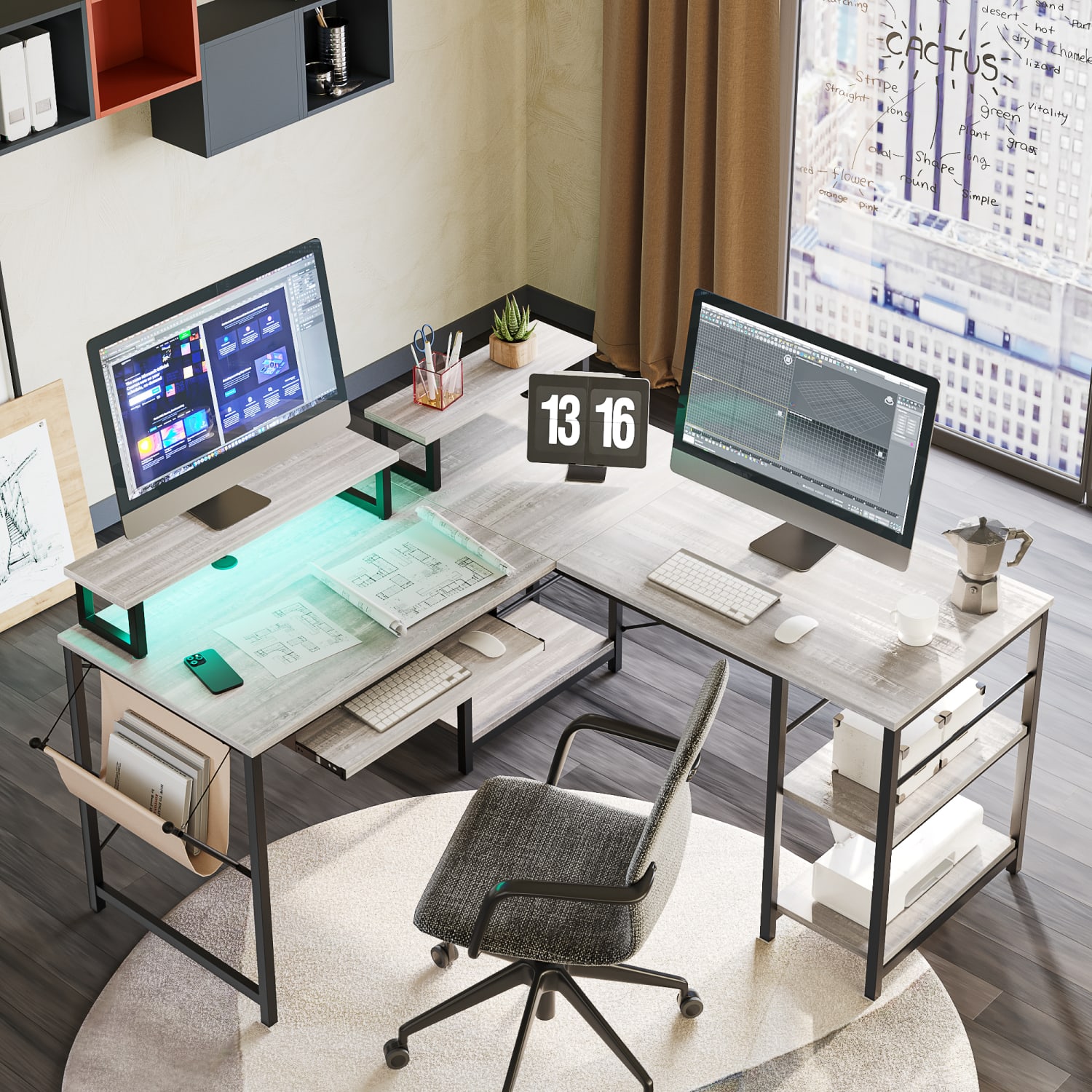 Bestier L-Shaped Corner Computer Desk With Storage Shelf, Monitor Stands, Side Pocket And Tray, 60inW, White - Image 3