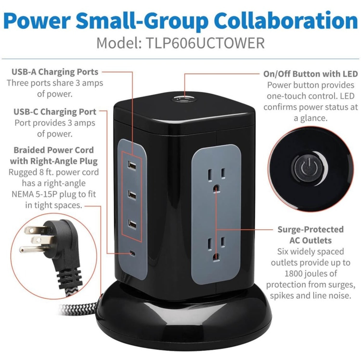 Eaton Tripp Lite Series 6-Outlet Surge Protector Tower, 3x USB-A, 1x USB-C, 8 ft. Cord, 5-15P Plug, 1800 Joules, Black - TLP606UCTOWER - Image 3