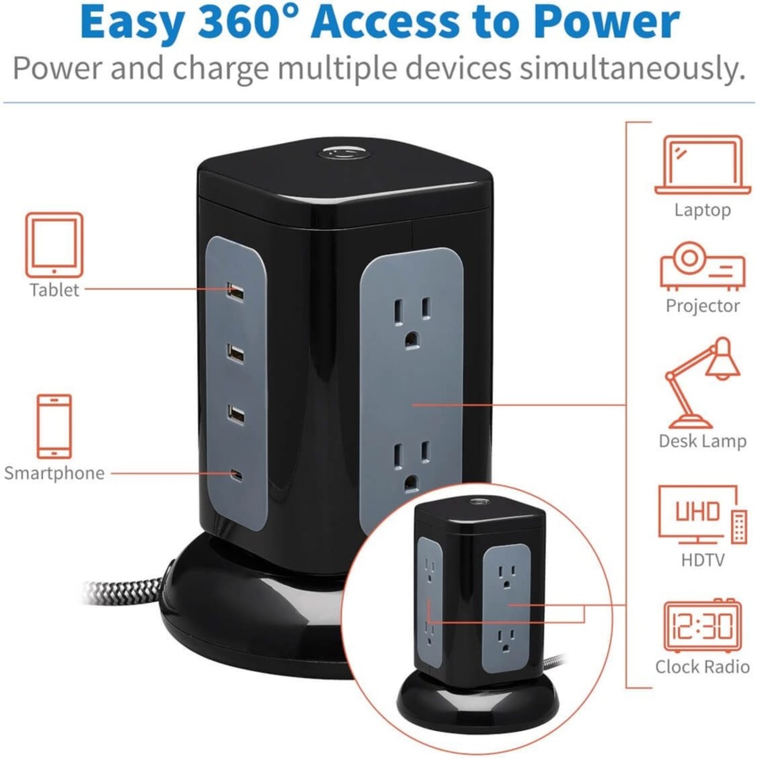 Eaton Tripp Lite Series 6-Outlet Surge Protector Tower, 3x USB-A, 1x USB-C, 8 ft. Cord, 5-15P Plug, 1800 Joules, Black - TLP606UCTOWER - Image 5
