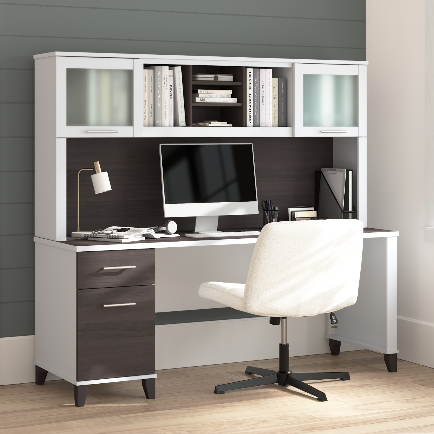 Bush Furniture Somerset 72inW Office Desk With Hutch, Storm Gray/White, Standard Delivery