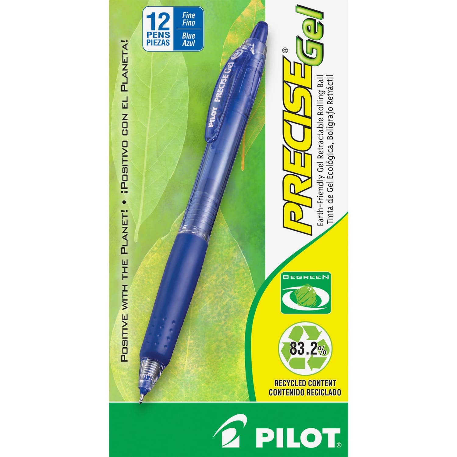Pilot Precise BeGreen Gel Retractable Rollerball Pens, Fine Point, 0.7 mm, 83% Recycled, Blue Translucent Barrel, Blue Ink, Pack Of 12 - Image 4