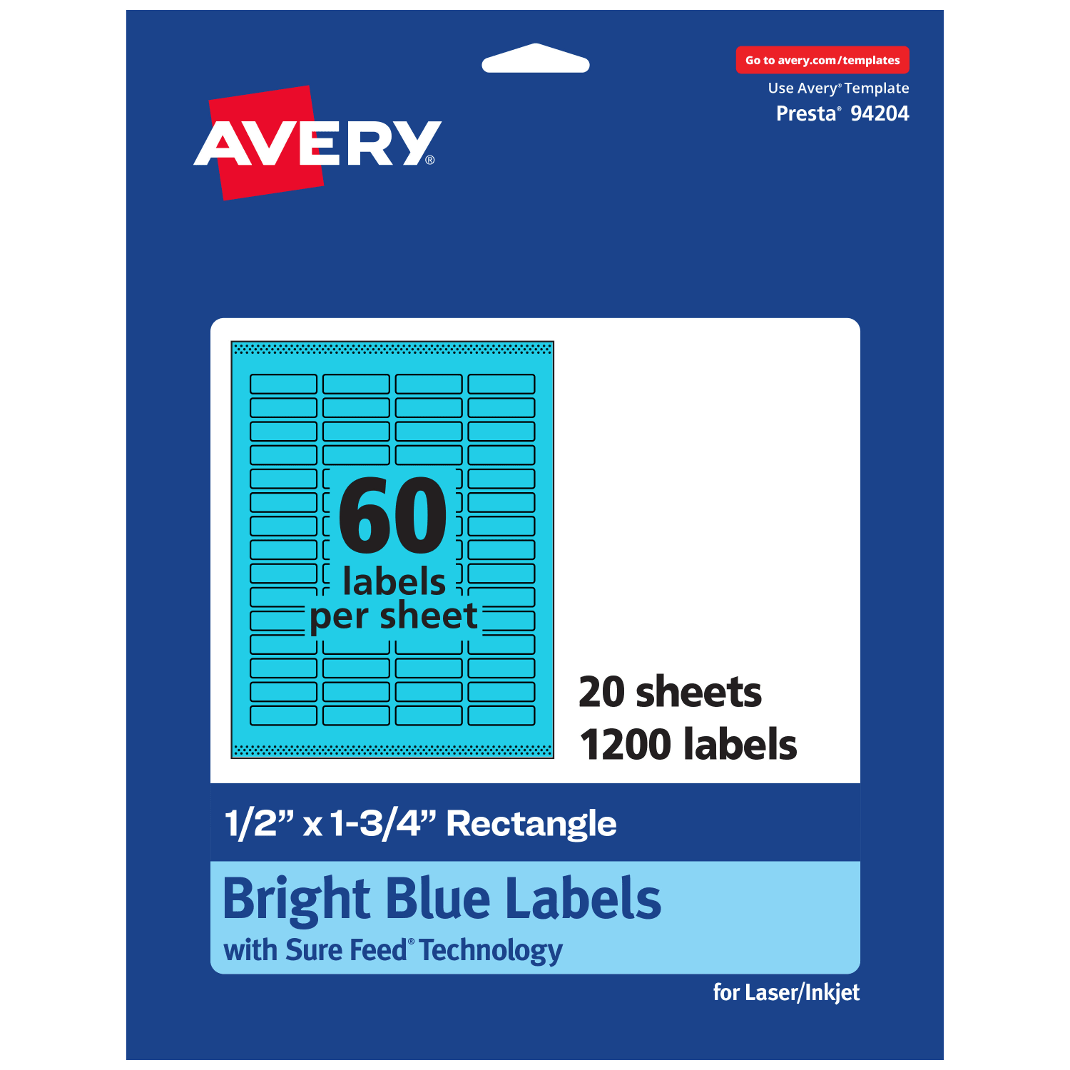 Avery Print-To-The-Edge Labels With Sure Feed Technology And Easy Peel, 94204-BBP20, Rectangle, 1/2in x 1-3/4in, Matte Bright Blue, Pack of 1200