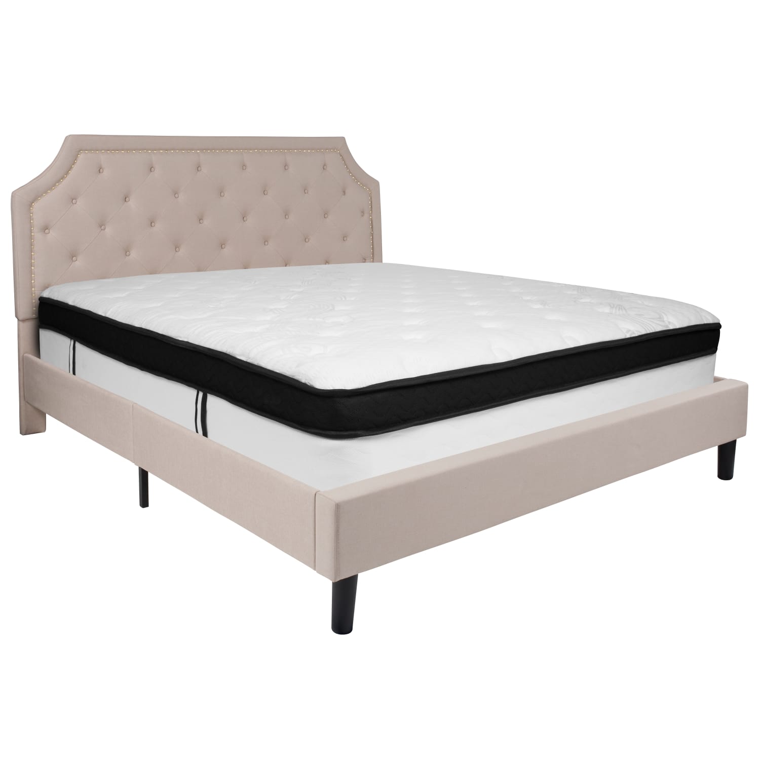 Flash Furniture Brighton Arched Tufted Upholstered Platform Bed And Memory Foam Pocket Spring Mattress, King, Beige - Image 3