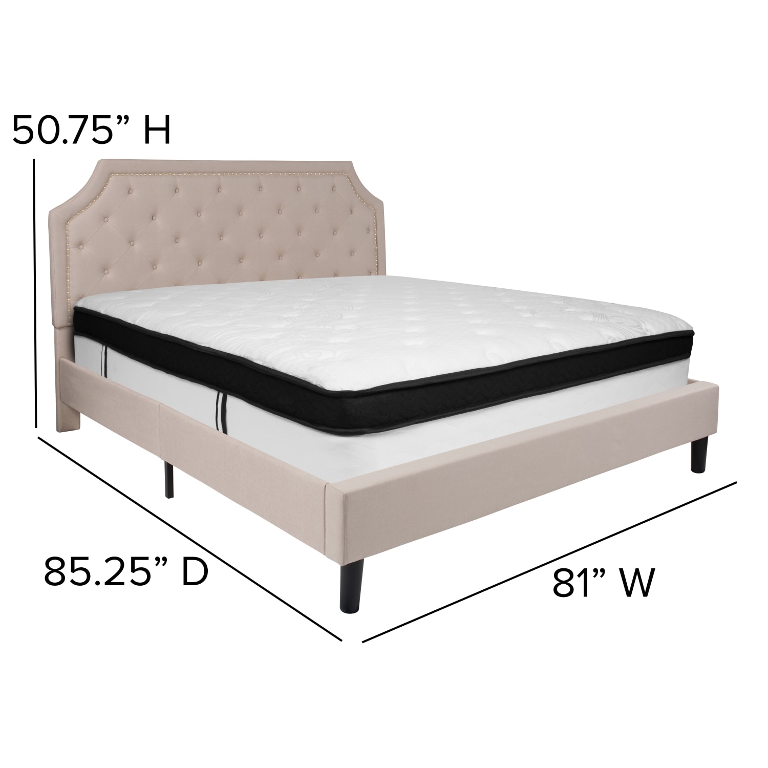 Flash Furniture Brighton Arched Tufted Upholstered Platform Bed And Memory Foam Pocket Spring Mattress, King, Beige - Image 5
