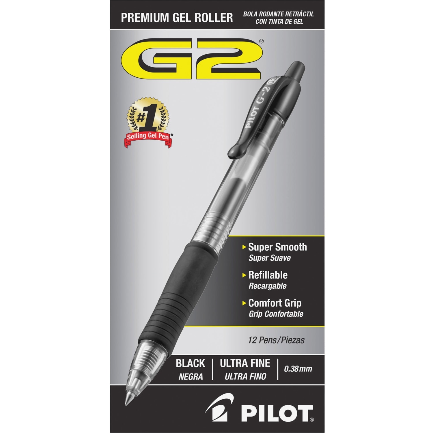 Pilot G2 Retractable Gel Pens, Ultra Fine Point, 0.38 mm, Clear Barrels, Black Ink, Pack Of 12 - Image 3