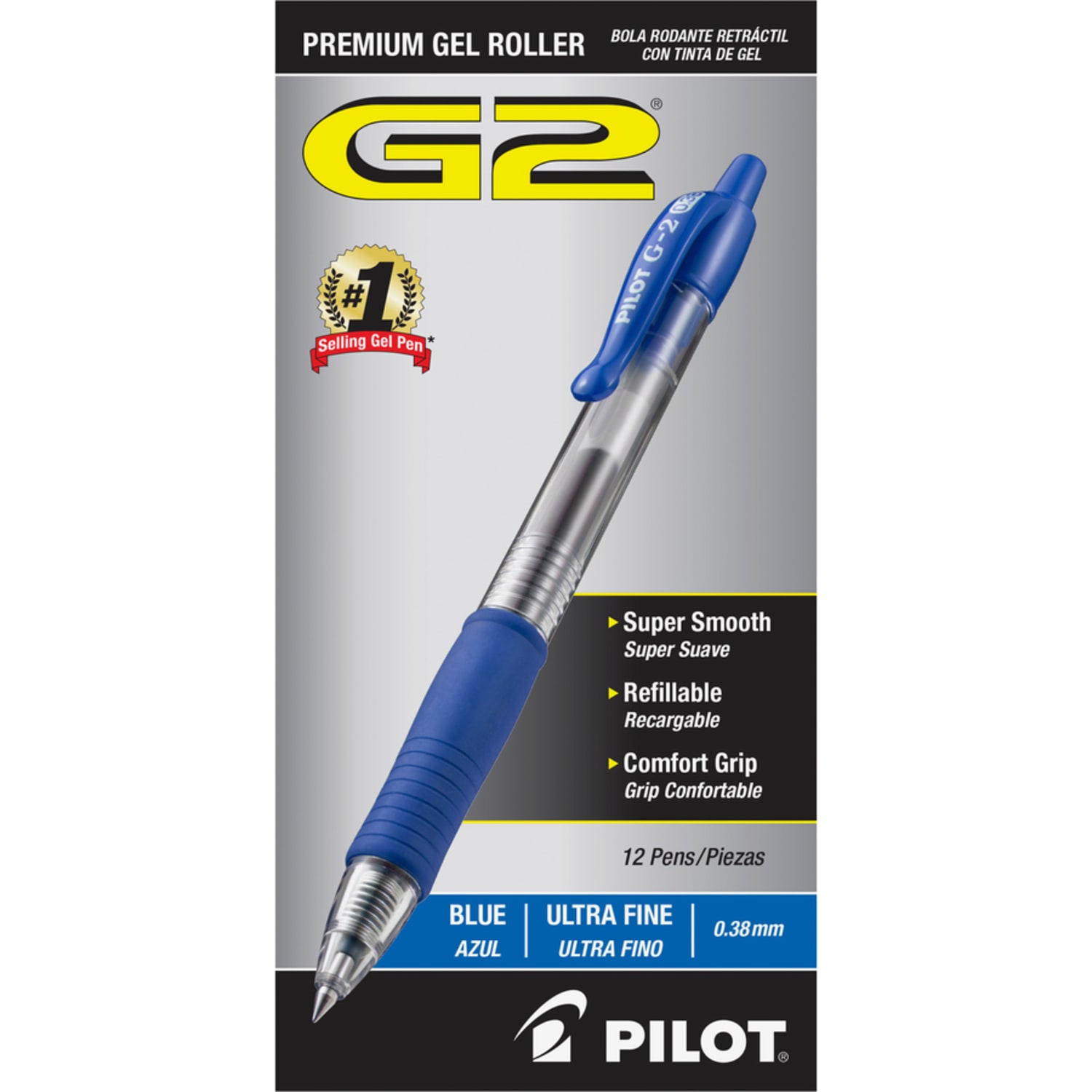 Pilot G2 Retractable Gel Pens, Ultra Fine Point, 0.38 mm, Clear Barrels, Blue Ink, Pack Of 12 - Image 4