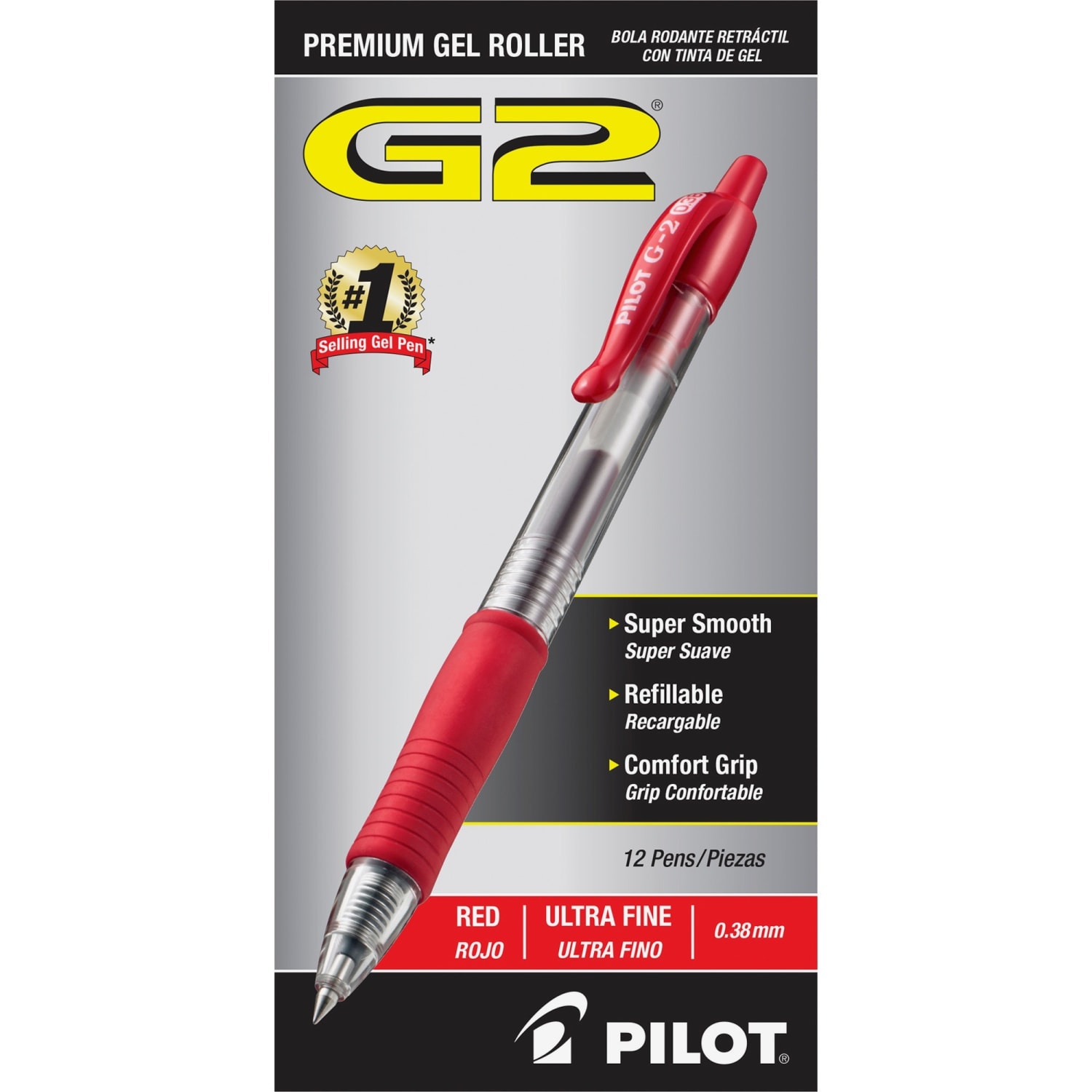 Pilot G2 Retractable Gel Pens, Ultra Fine Point, 0.38 mm, Clear Barrels, Red Ink, Pack Of 12 - Image 3