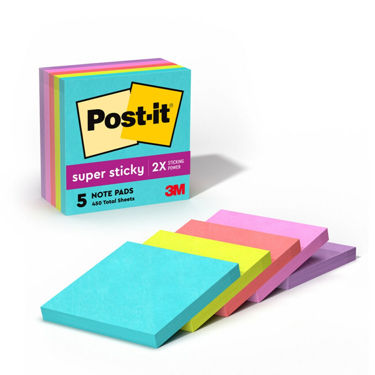 Post-it Super Sticky Notes, 3 in x 3 in, 5 Pads, 90 Sheets/Pad, 2x the Sticking Power, Supernova Neons Collection