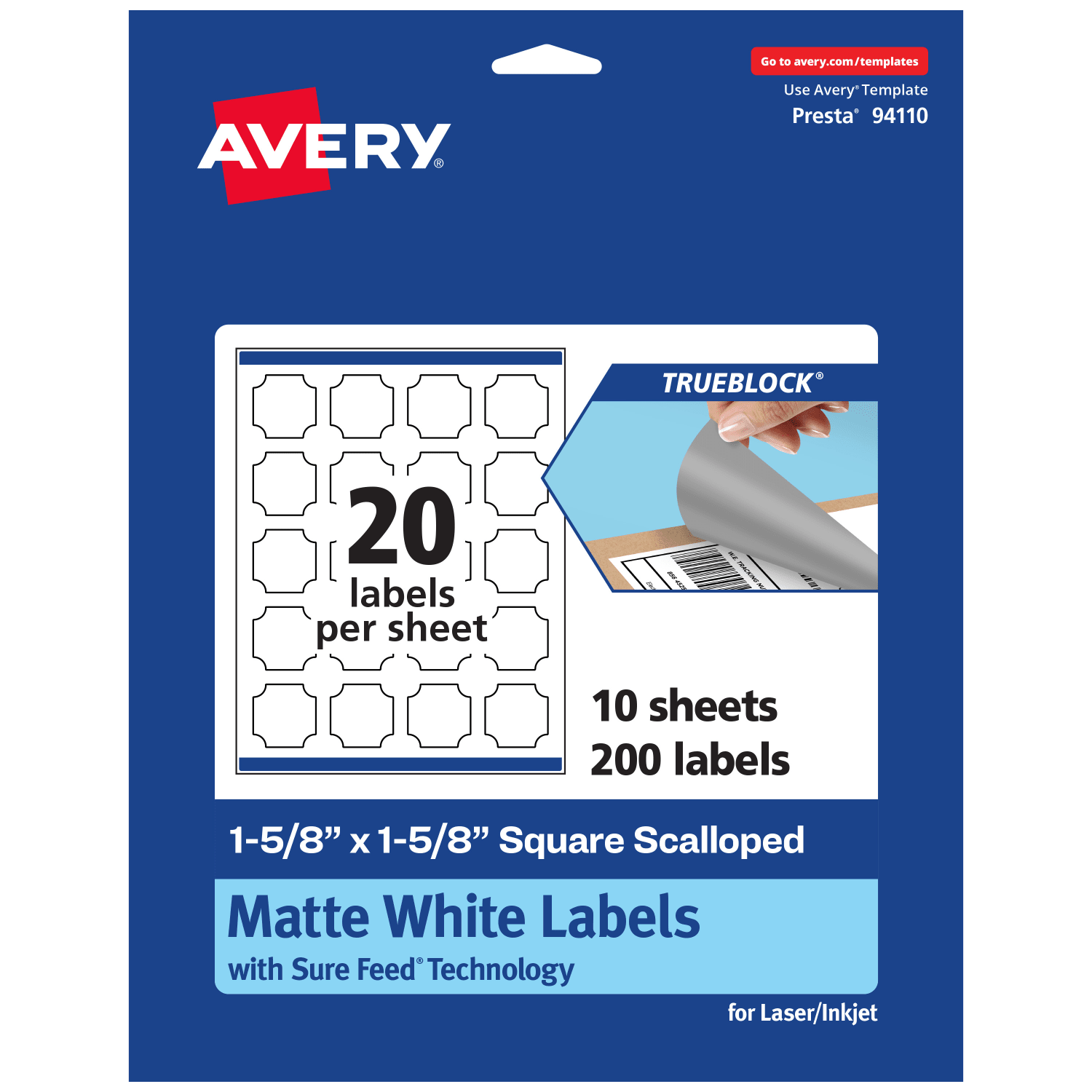 Avery Print-To-The-Edge TrueBlock Labels With Sure Feed, 94110-TWMP10, Square Scalloped, 1-5/8in x 1-5/8in, Matte White, Pack Of 200