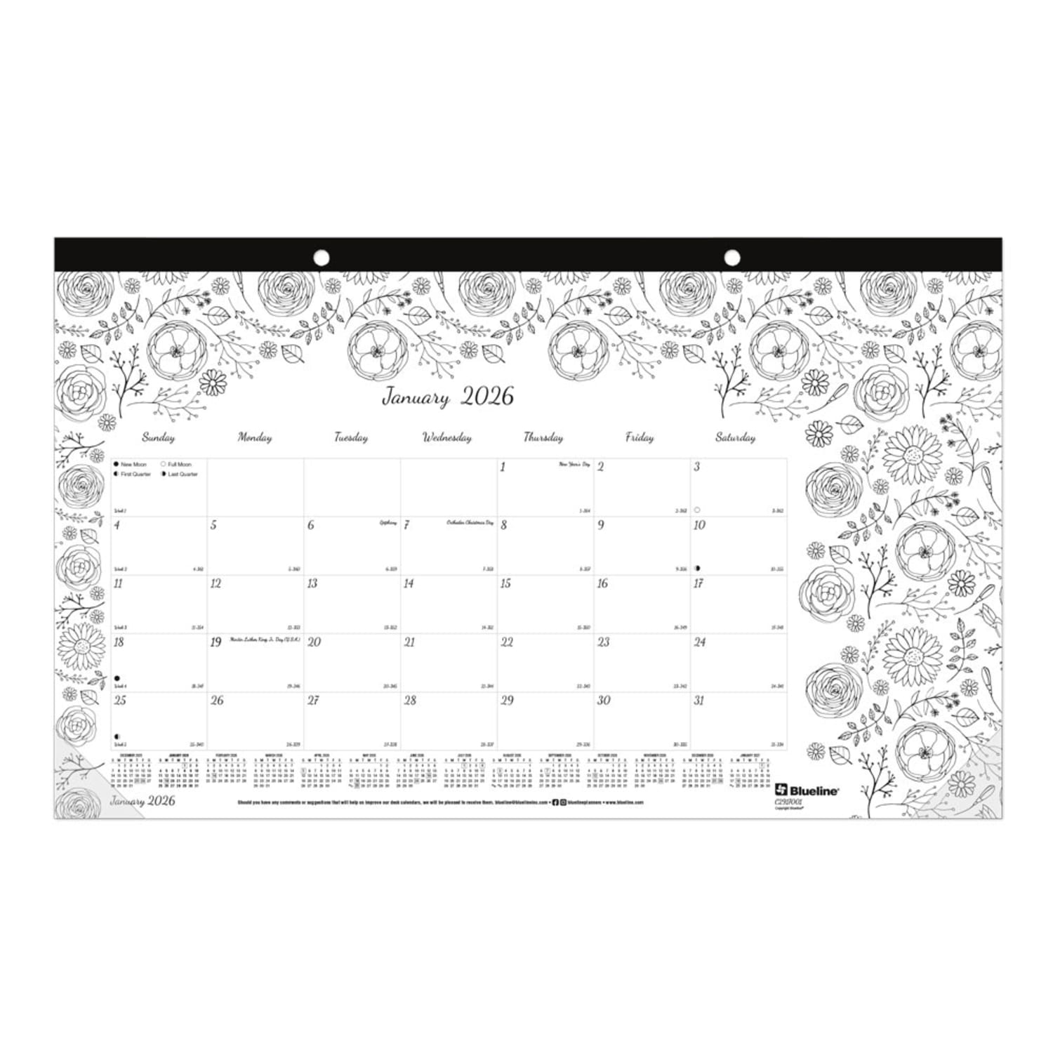 2026 Blueline DoodlePlan Monthly Desk Pad Coloring Calendar, 17-3/4in x 10-7/8in, Motif, January To December, C2917001