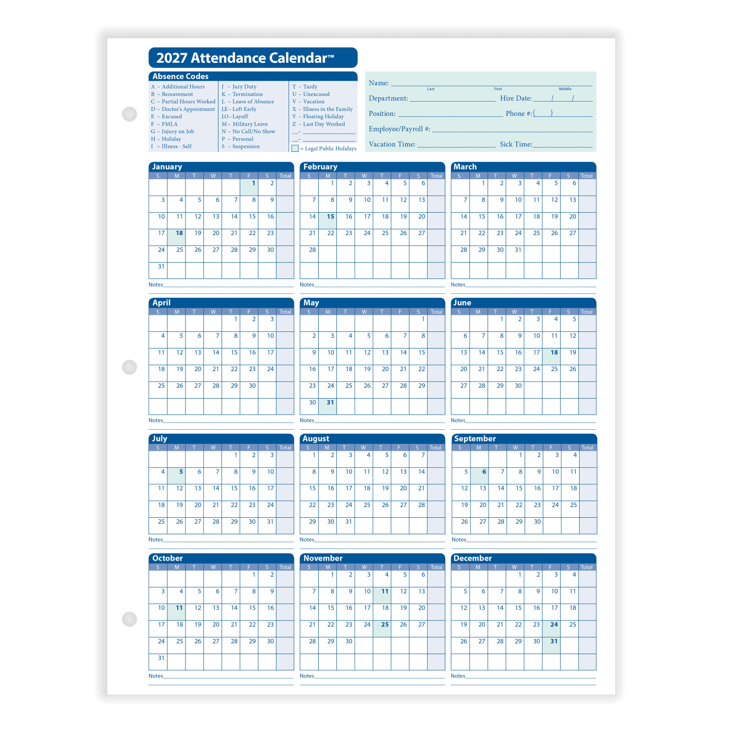 ComplyRight 2026 Attendance Calendar Cards, 8 1/2in x 11in, White, Pack Of 25 - Image 3