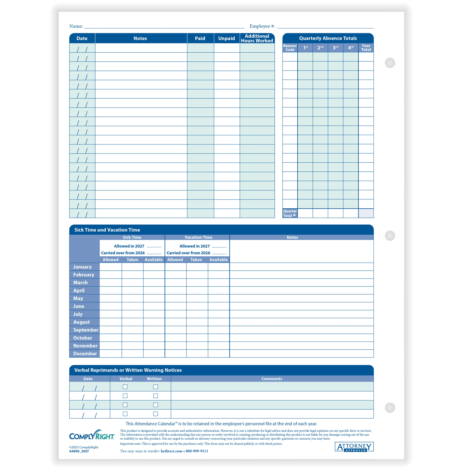 ComplyRight 2026 Attendance Calendar Cards, 8 1/2in x 11in, White, Pack Of 25 - Image 4