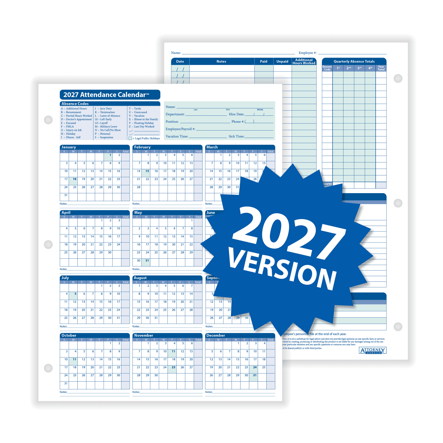 ComplyRight 2026 Attendance Calendar Cards, 8 1/2in x 11in, White, Pack Of 25 - Image 6