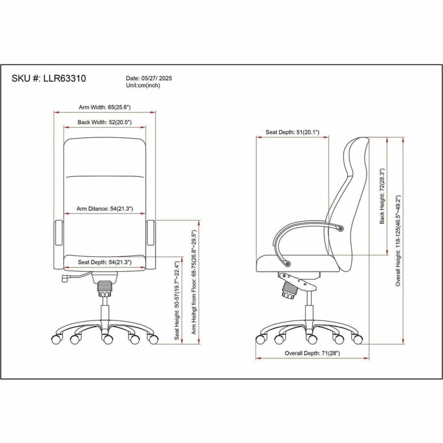 Lorell Pike High Back Executive Chair - High Back - Black - Polyurethane - Armrest - 1 Each - Image 7