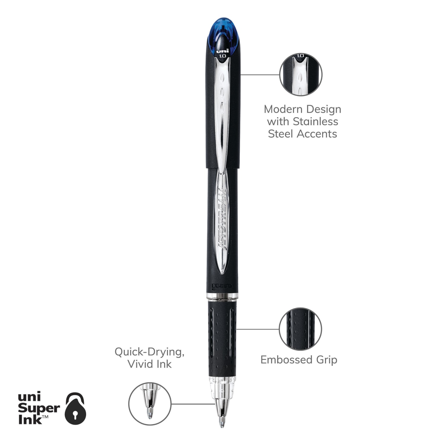 uni-ball Jetstream Ballpoint Pens, Bold Point, 1.0 mm, Black Barrel, Blue Ink, Box Of 12 - Image 4
