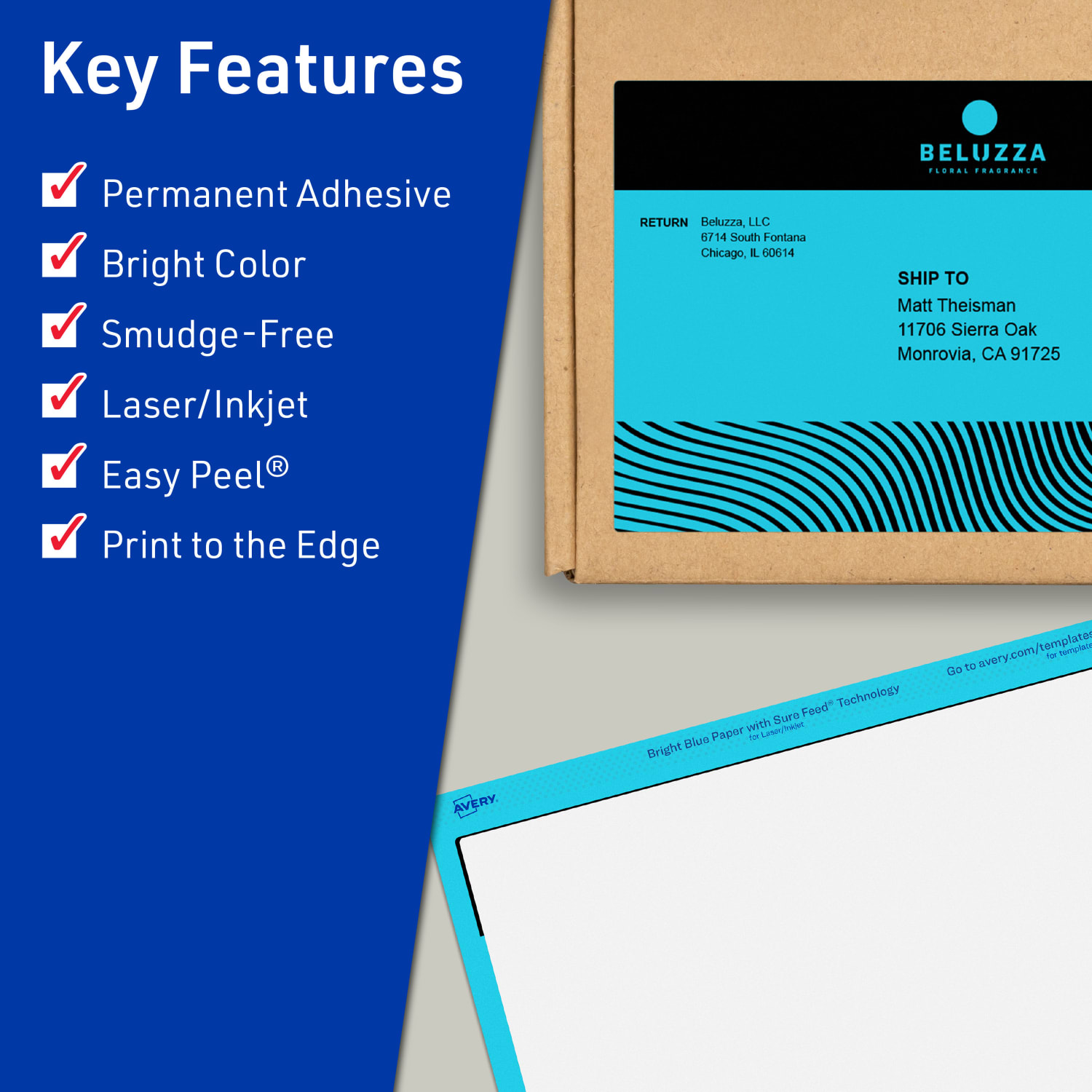 Avery Print-To-The-Edge Labels With Sure Feed Technology And Easy Peel, 94255-BBP10, Rectangle, 4-3/4in x 7-3/4in, Matte Bright Blue, Pack of 20 - Image 3