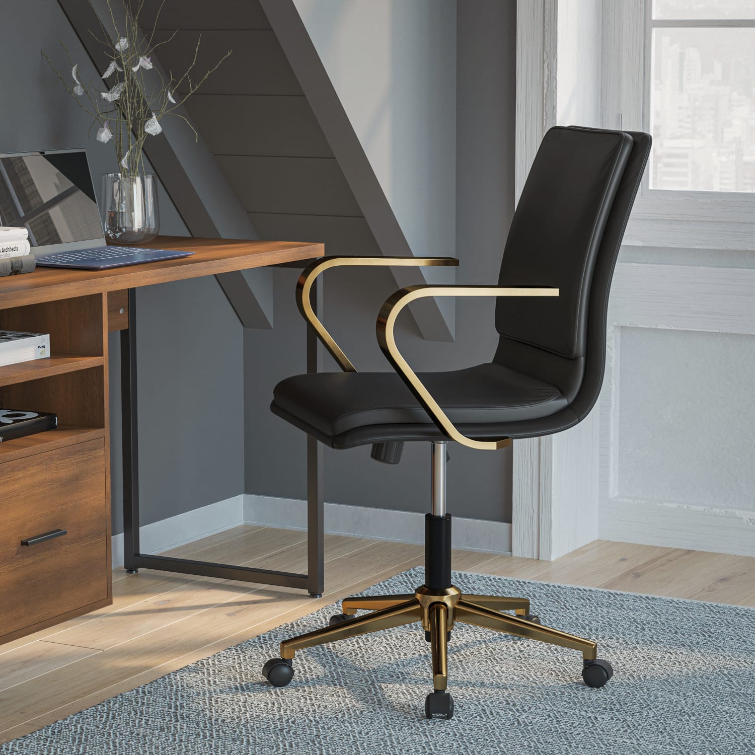 Flash Furniture James Faux Leather Mid-Back Designer Executive Upholstered Office Chair, Black/Gold