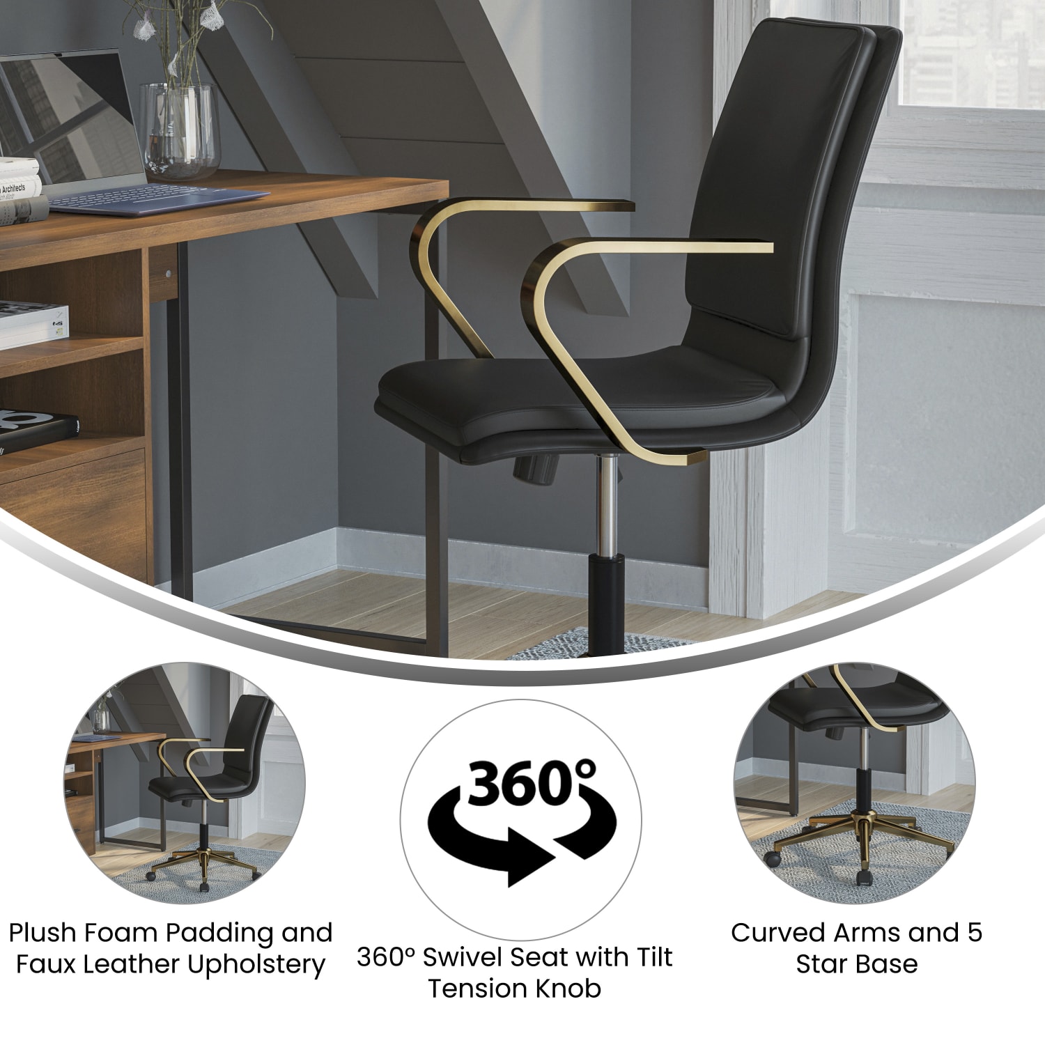 Flash Furniture James Faux Leather MidBack Designer Executive Upholstered Office Chair BlackGold PopularChairscom Flash Furniture James Faux Leather Mid Back Designer Executive Upholstered Office Chair BlackGold PopularChairscom