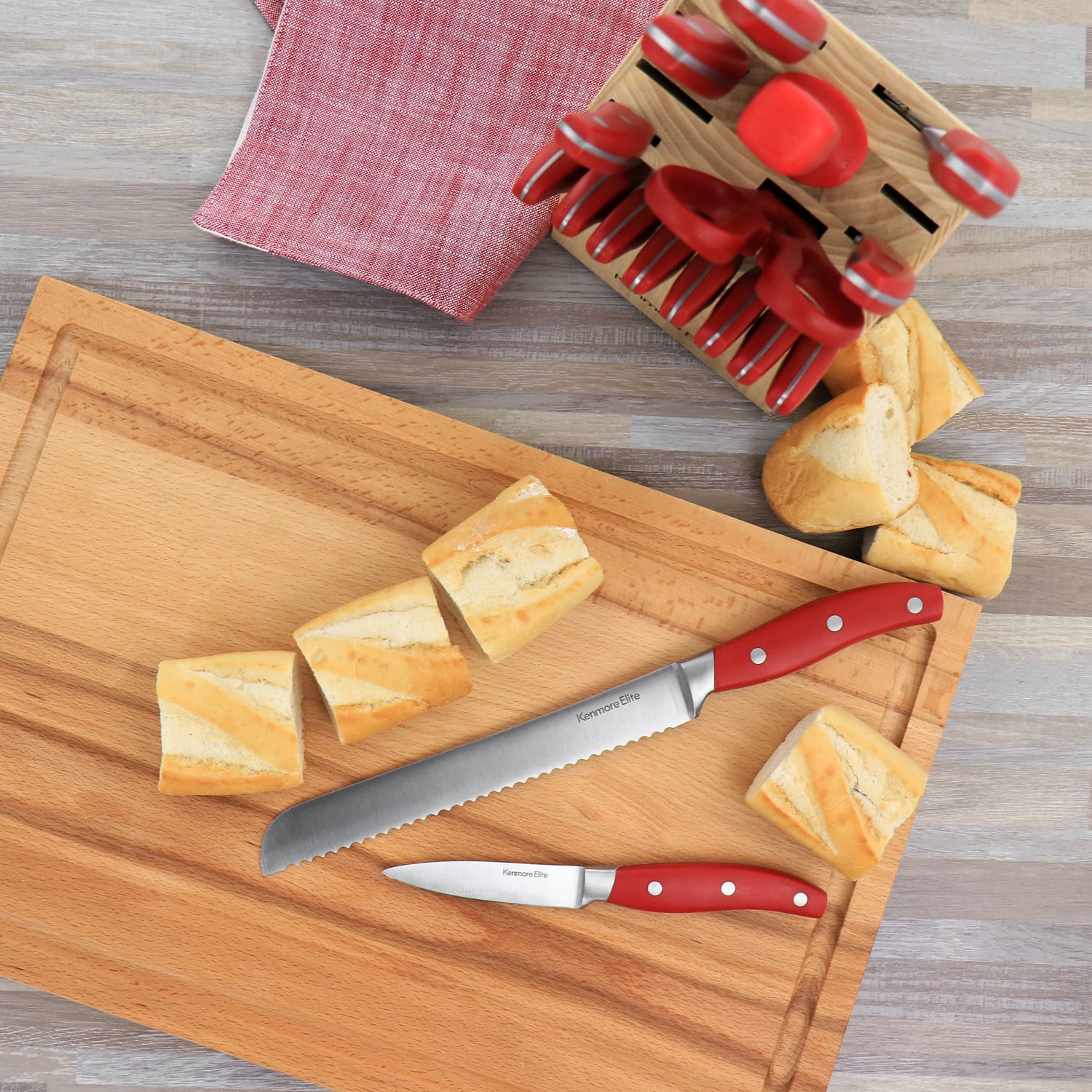 Kenmore Elite 18-Piece Stainless Steel Cutlery And Wood Block Set, Red - Image 4