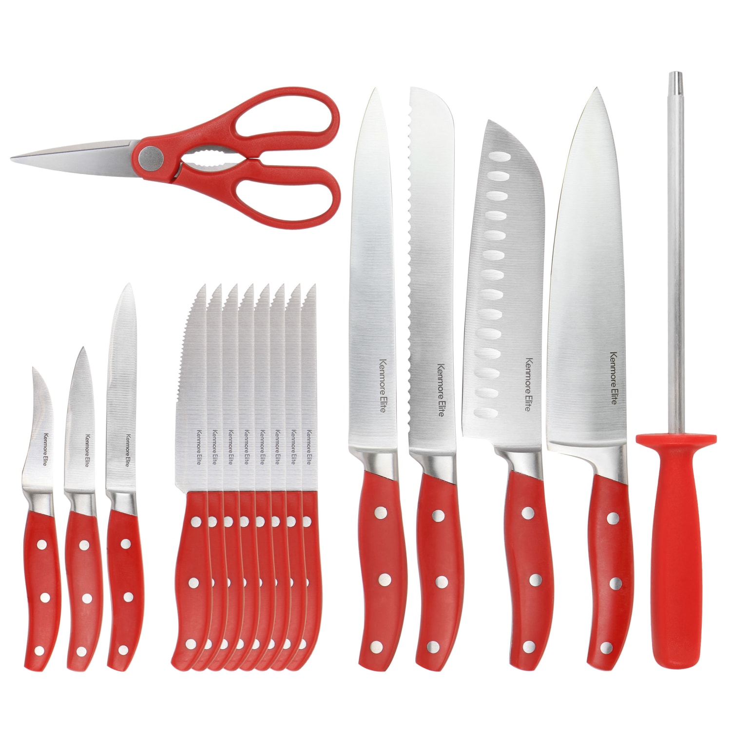 Kenmore Elite 18-Piece Stainless Steel Cutlery And Wood Block Set, Red - Image 6