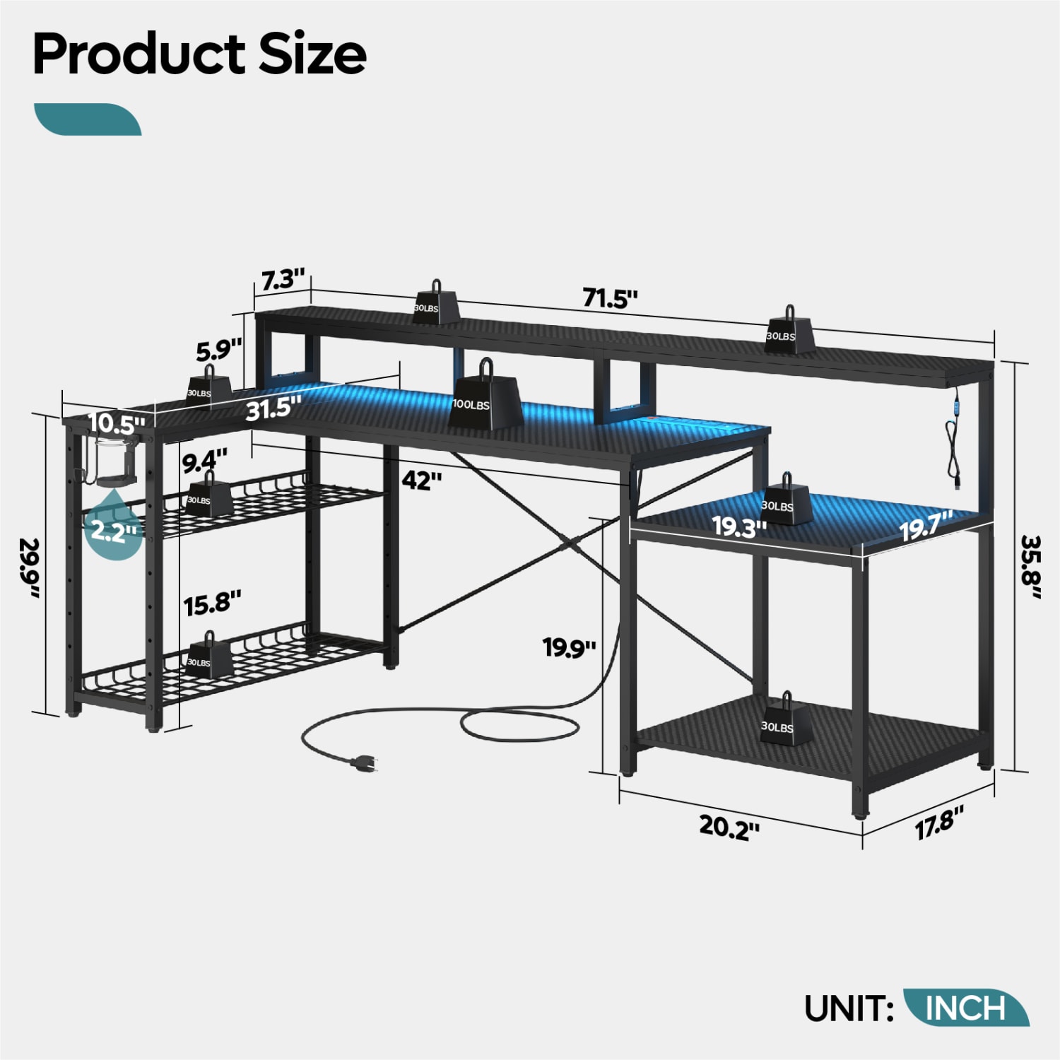 Bestier 72inW Computer Desk, Black Carbon Fiber - Image 6