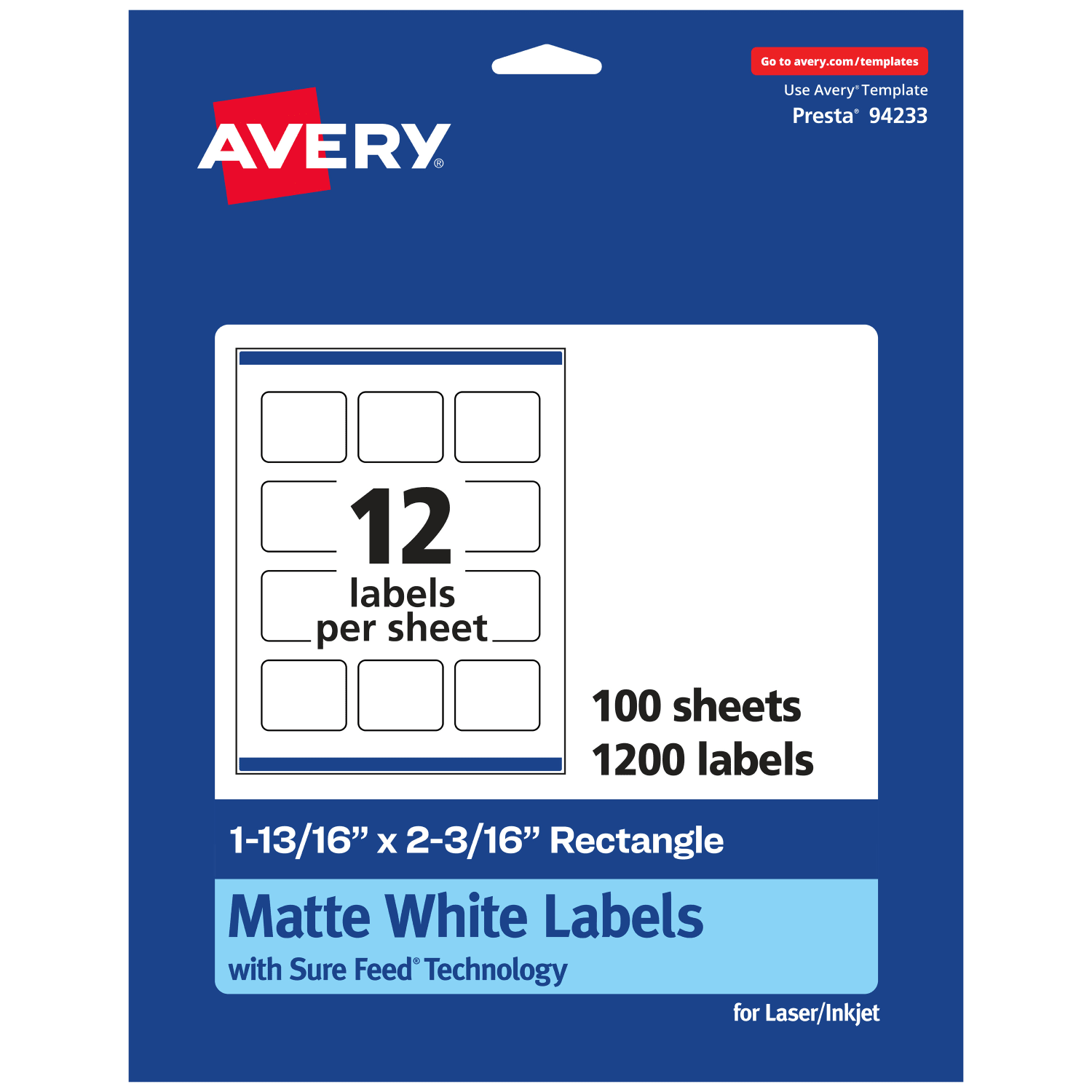 Avery Permanent Labels With Sure Feed, 94233-WMP100, Rectangle, 1-13/16in x 2-3/16in, White, Pack Of 1,200