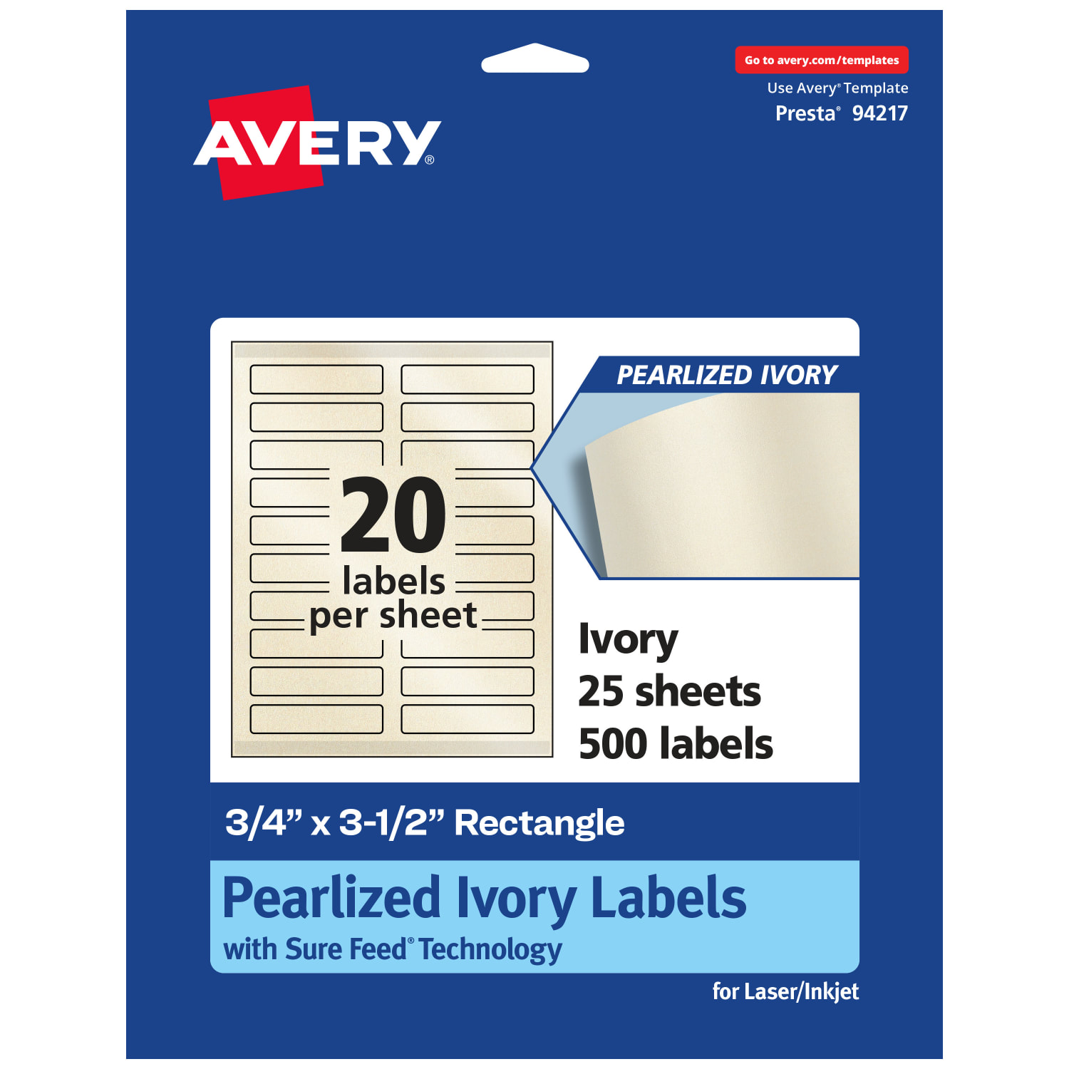 Avery Pearlized Permanent Labels With Sure Feed, 94217-PIP25, Rectangle, 3/4in x 3-1/2in, Ivory, Pack Of 500 Labels