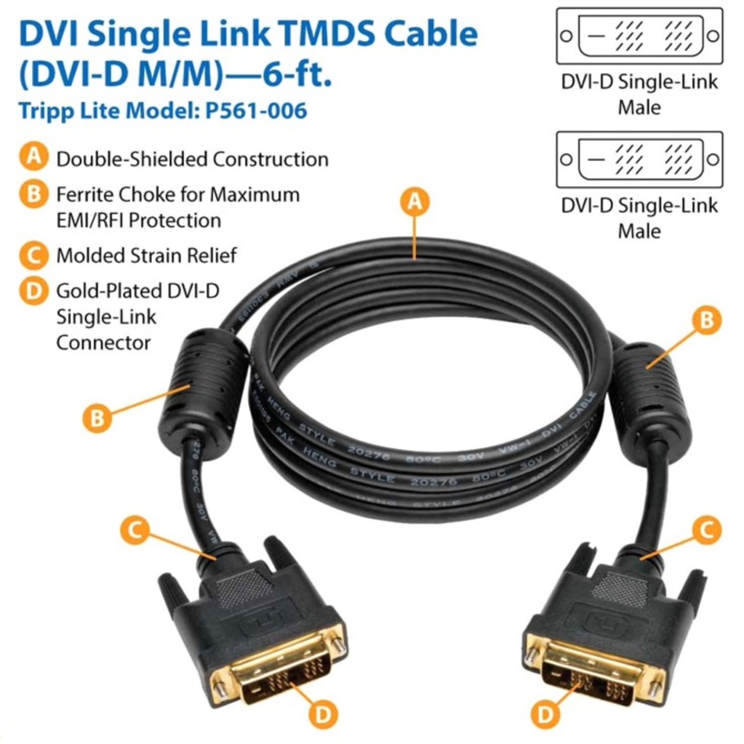 Eaton Tripp Lite Series DVI Single Link Cable, Digital TMDS Monitor Cable (DVI-D M/M), 6 ft. (1.83 m) - P561006 - Image 4