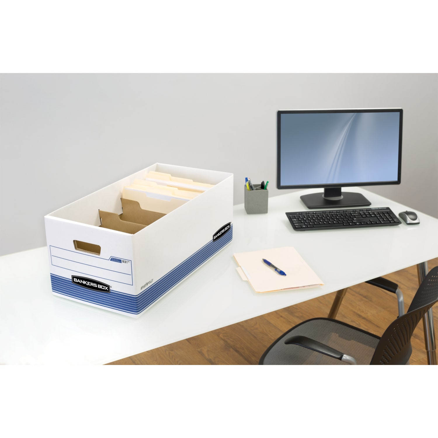 Bankers Box R Kive DividerBox Heavy-Duty FastFold File Storage Boxes With Locking Lift-Off Lids And Built-In Handles, Letter/Legal Size,  10inH x 12W x 15inD, 60% Recycled, White/Blue, Case Of 12 - Image 4