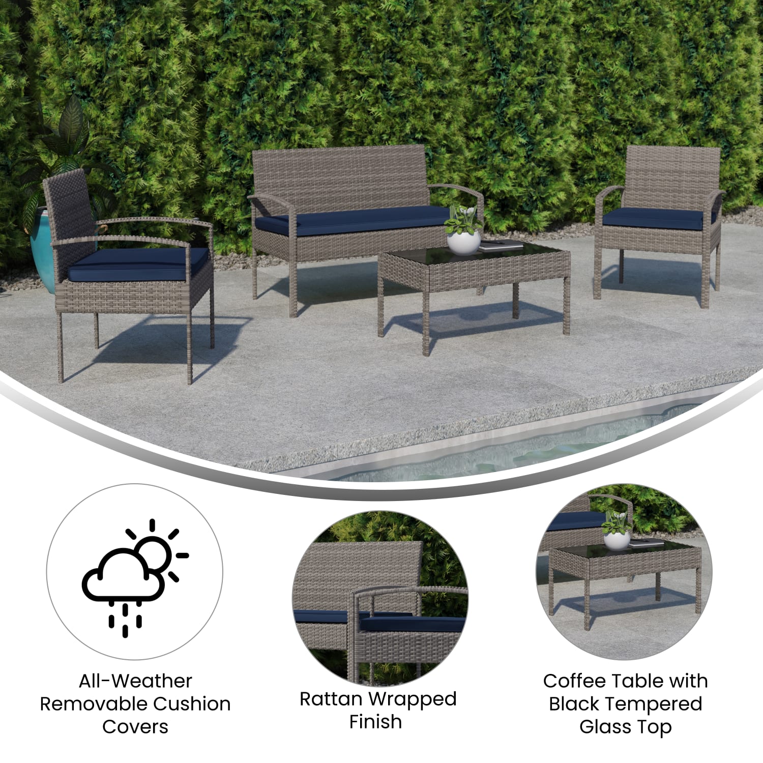 Flash Furniture Aransas Series Steel 4-Piece Patio Set, Navy/Light Gray - Image 5