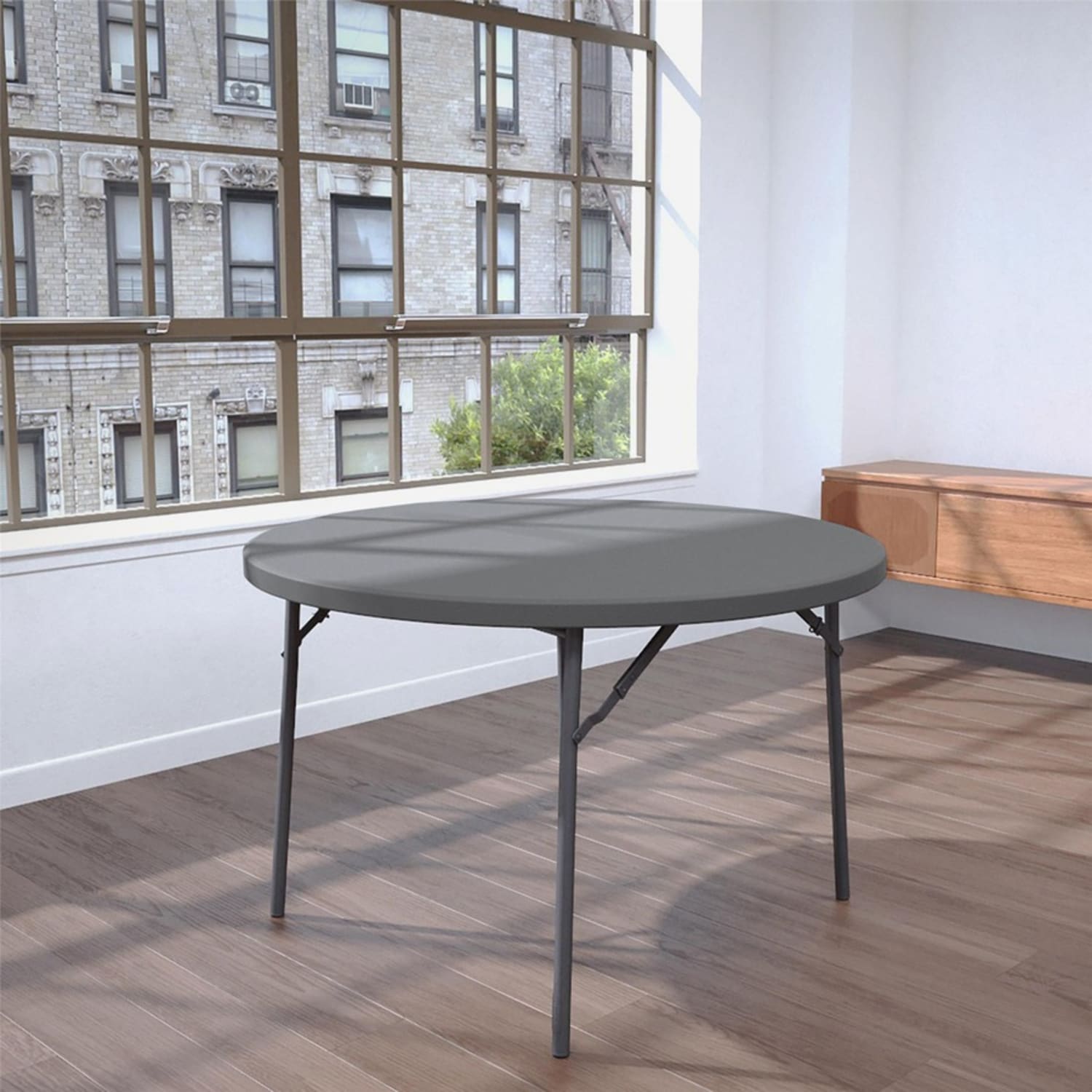 Dorel Zown Commercial Round Blow Mold Fold Table - Round Top - 4 Legs - 750 lb Capacity - 48in Table Top Diameter - 60533SGY1E - Image 6
