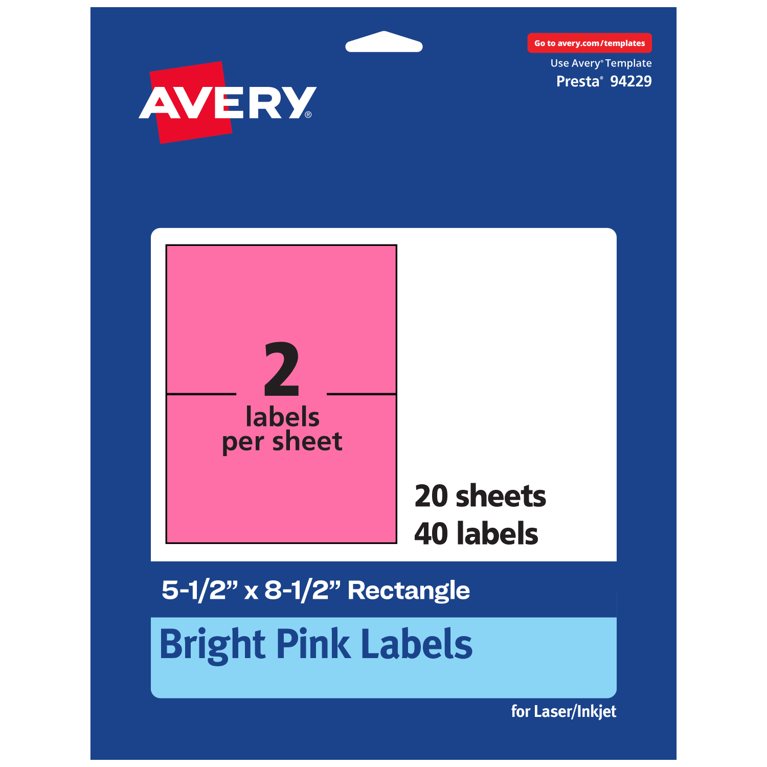 Avery Printable Labels, 94229-BPP20, Rectangle, 5-1/2in x 8-1/2in, Matte Bright Pink, Pack of 40