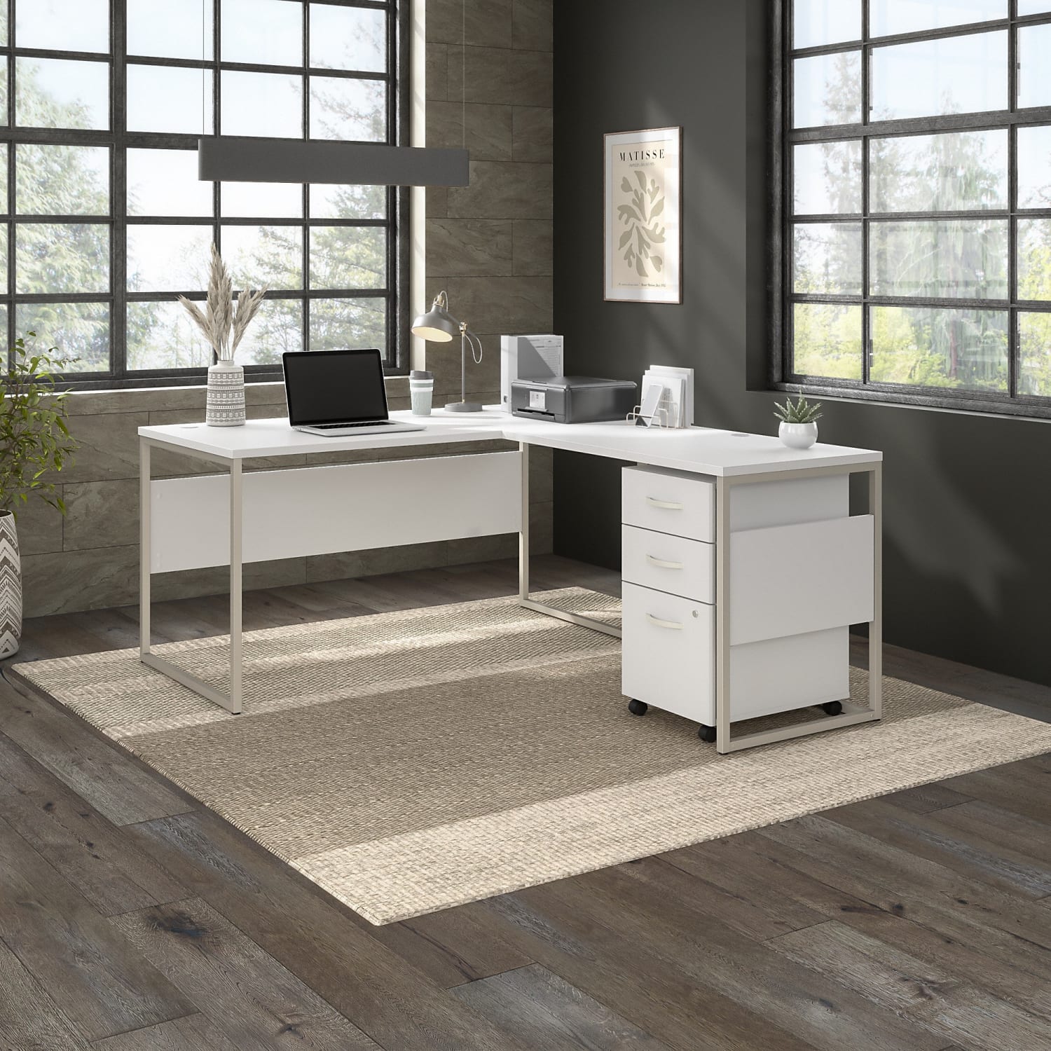 Bush Business Furniture Hybrid 60inW L-Shaped Corner Desk Table With Mobile File Cabinet, White, Standard Delivery - Image 3