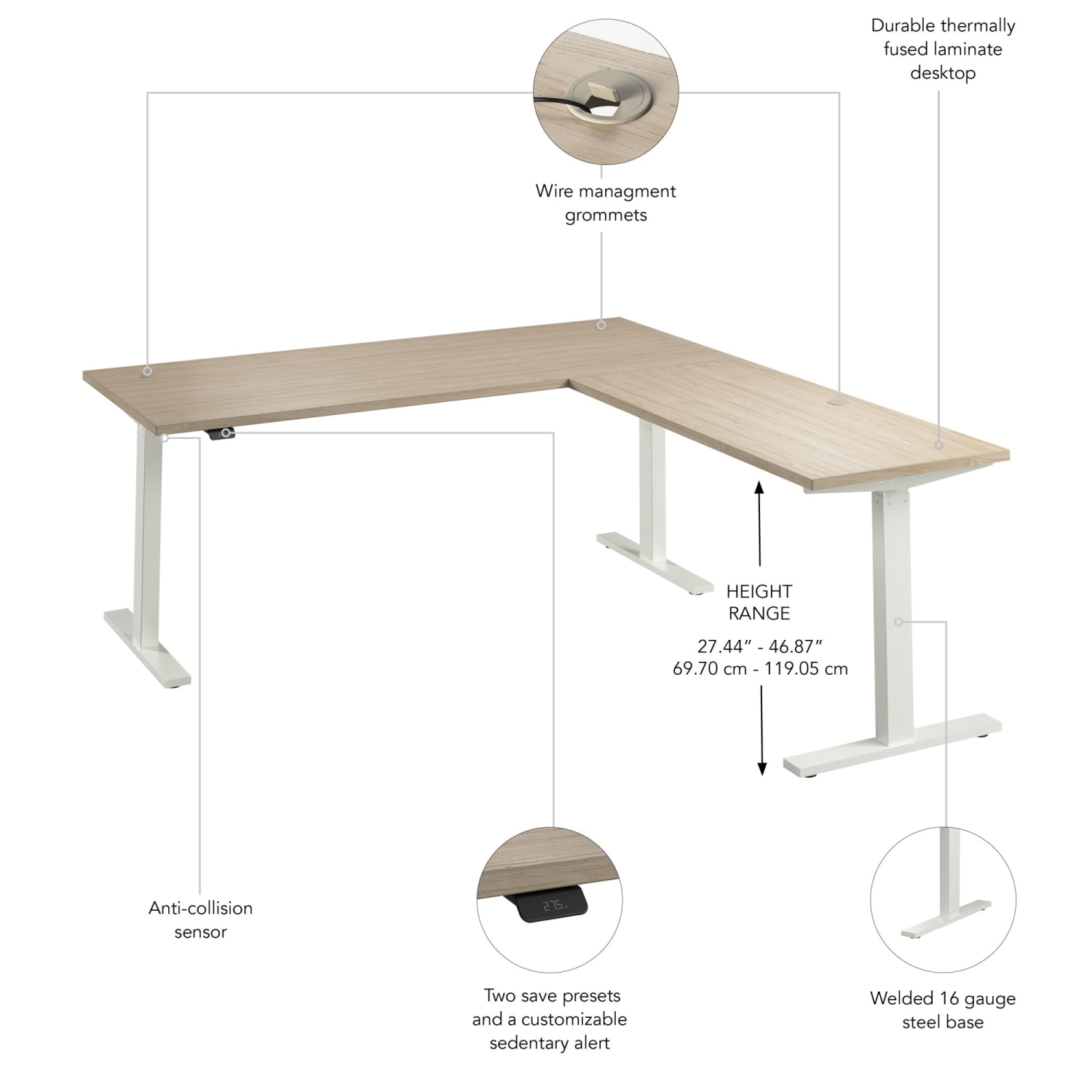 Bush Business Furniture Move 60 Series 72inW Height Adjustable L Shaped Standing Desk, Natural Elm/White Powder Coat, Standard Delivery - Image 4