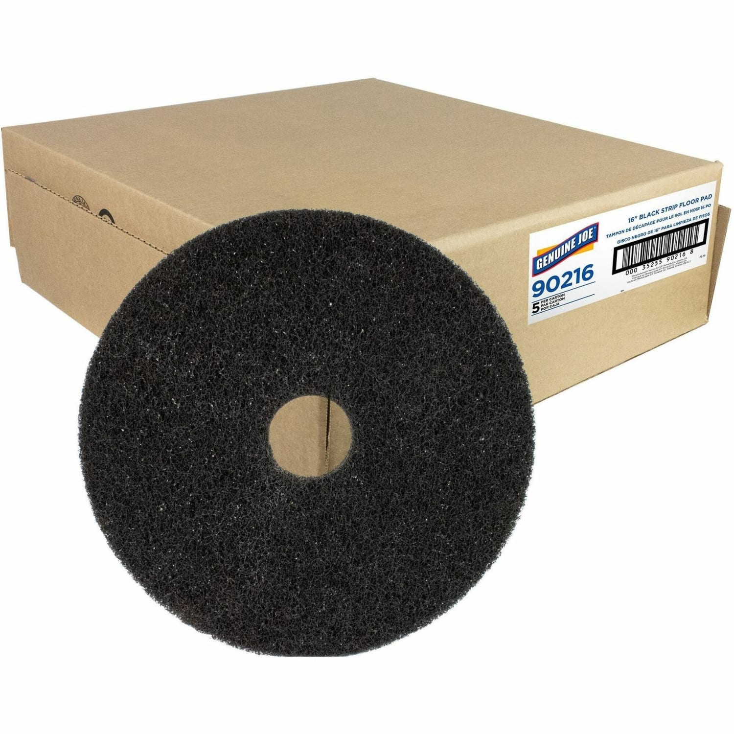 Genuine Joe Black Floor Stripping Pad - 16in Diameter - 5/Carton x 16in Diameter x 1in Thickness - Floor, Stripping - 175 rpm to 350 rpm Speed Supported - Heavy Duty, Dirt Remover, Flexible, Long Lasting, Abrasive, Rotate - Resin, Fiber - Black