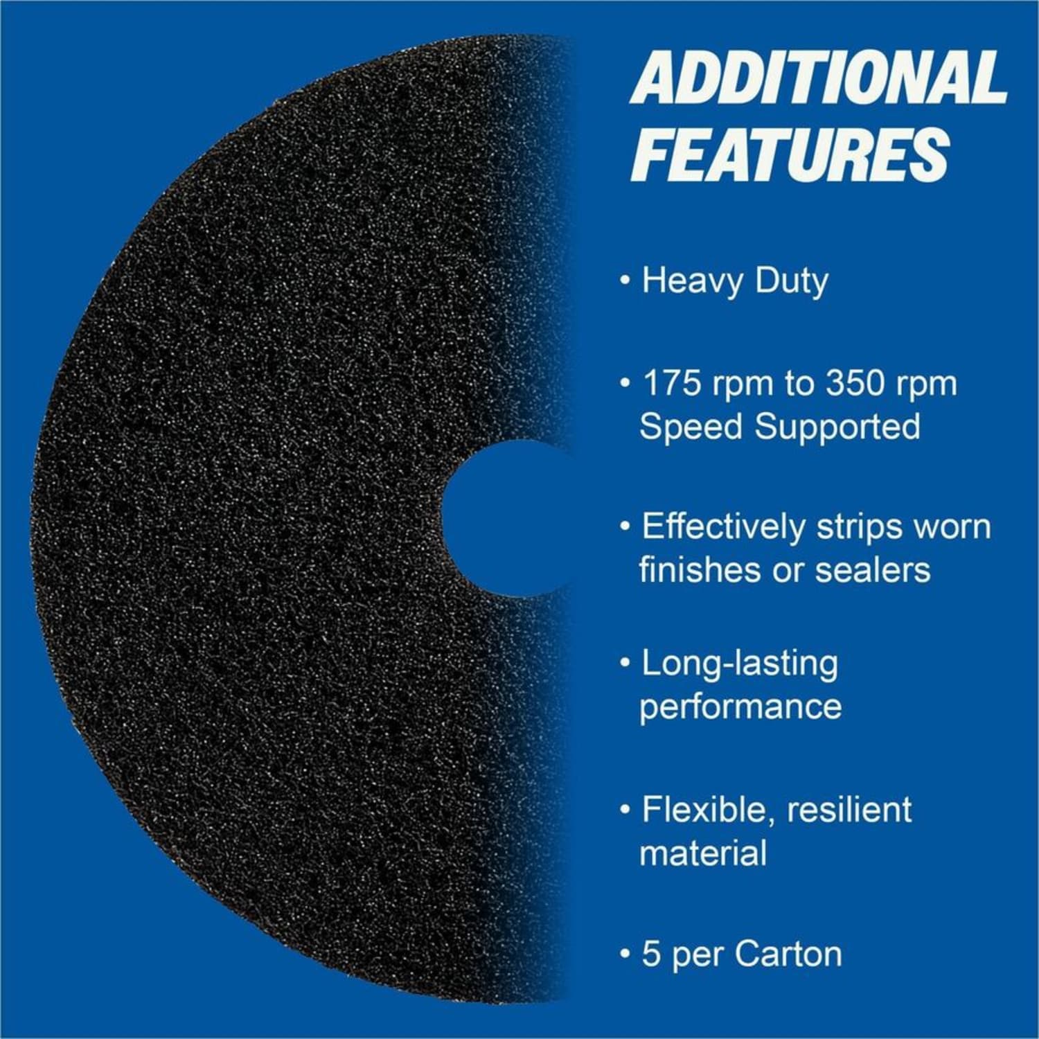 Genuine Joe Black Floor Stripping Pad - 16in Diameter - 5/Carton x 16in Diameter x 1in Thickness - Floor, Stripping - 175 rpm to 350 rpm Speed Supported - Heavy Duty, Dirt Remover, Flexible, Long Lasting, Abrasive, Rotate - Resin, Fiber - Black - Image 5