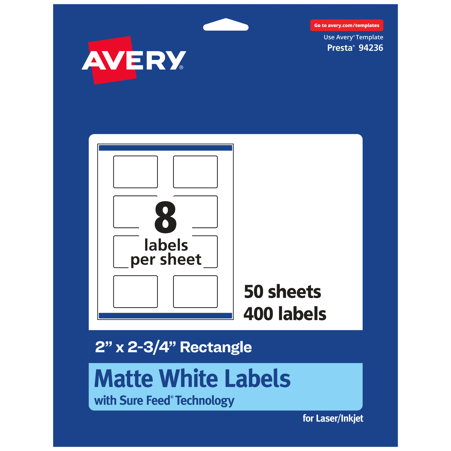 Avery Permanent Labels With Sure Feed, 94236-WMP50, Rectangle, 2in x 2-3/4in, White, Pack Of 400
