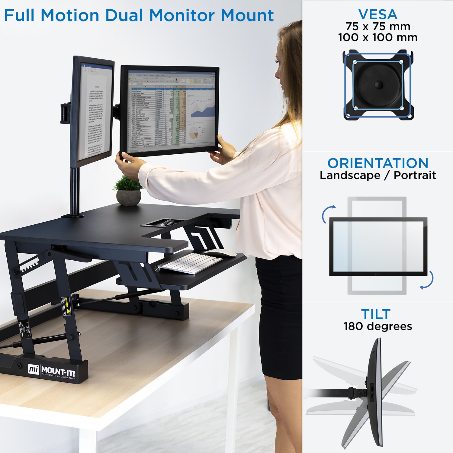 Mount-It! MI-7934 22inW Standing Desk Converter With Dual-Monitor Mount, Black - Image 5
