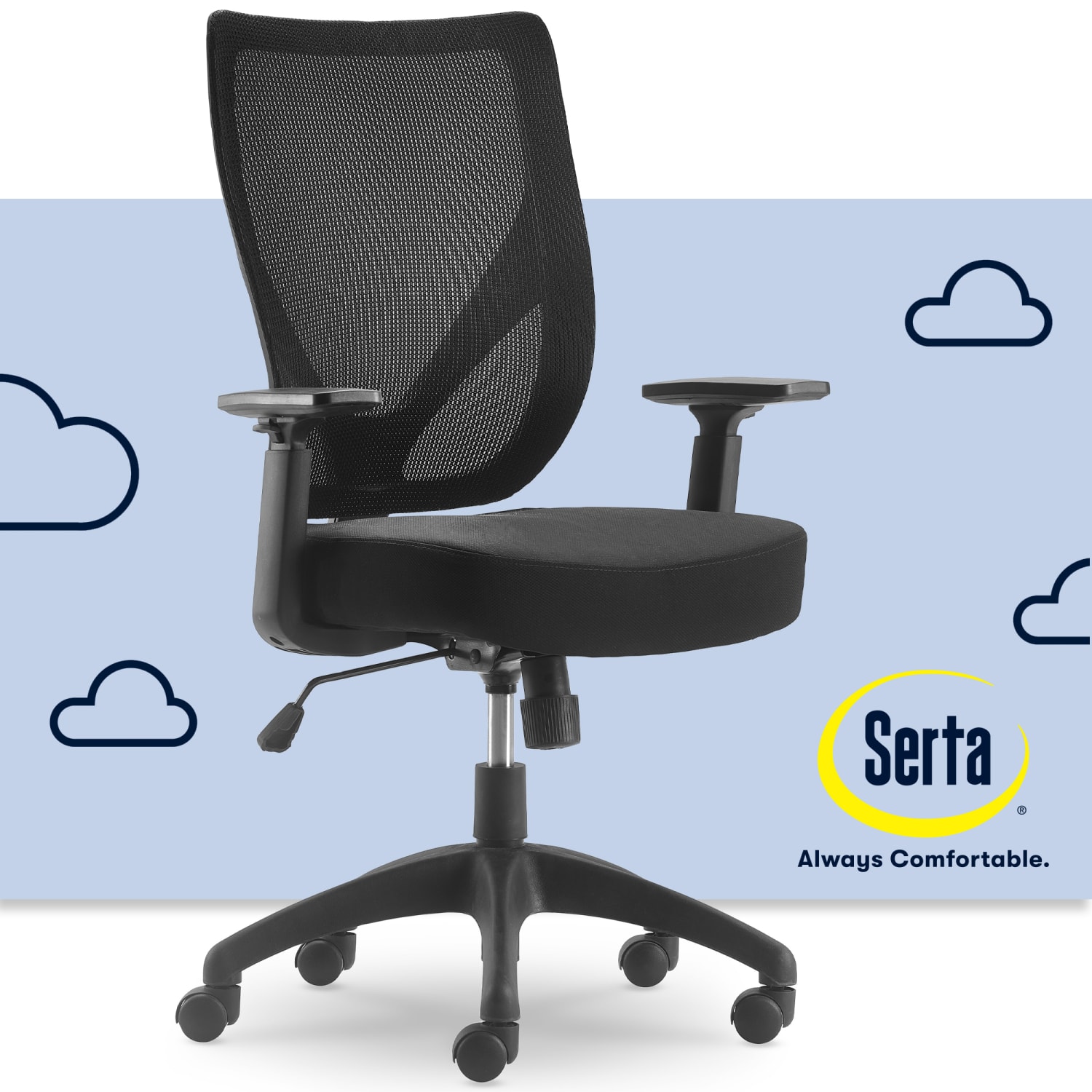 Serta Works  Chair  task  ergonomic  mid back  armrests  T shaped  tilt  swivel  polyester blend fabric mesh  black PopularChairscom