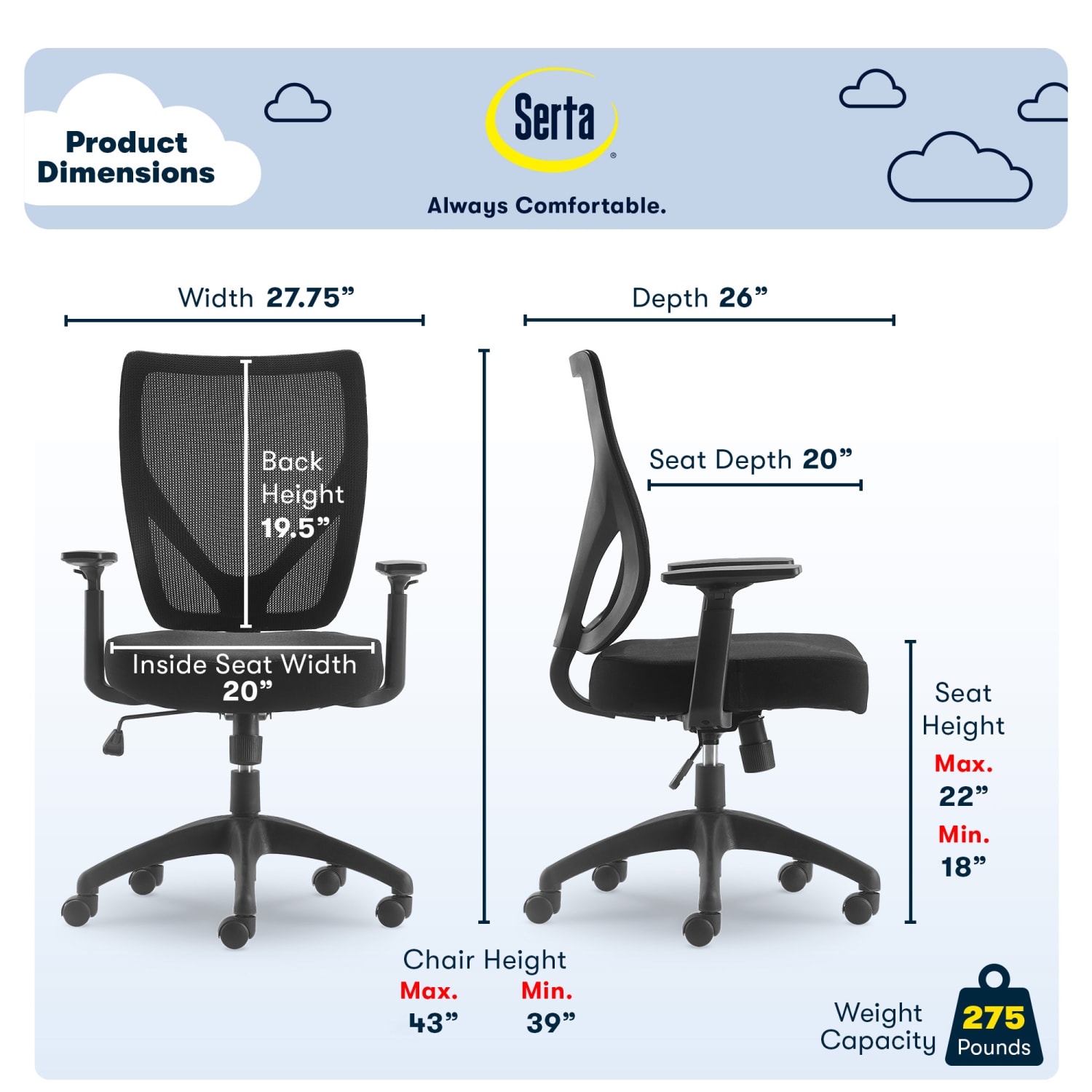 Serta Works - Chair - task - ergonomic - mid-back - armrests - T-shaped - tilt - swivel - polyester blend fabric, mesh - black - Image 4