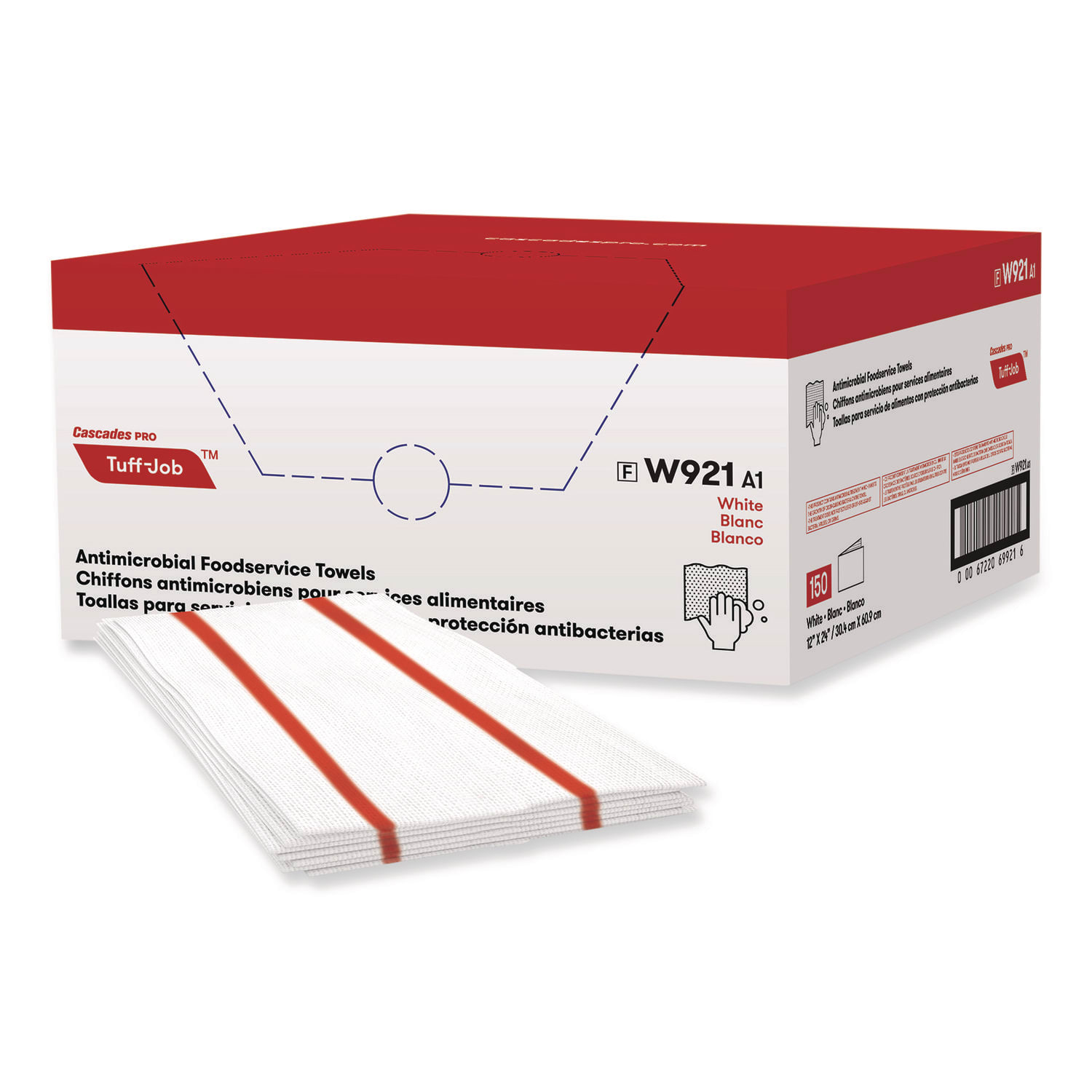 Cascades PRO Tuff-Job S900 Antimicrobial Foodservice Towels, 12 x 24, White/Red, 150/Carton