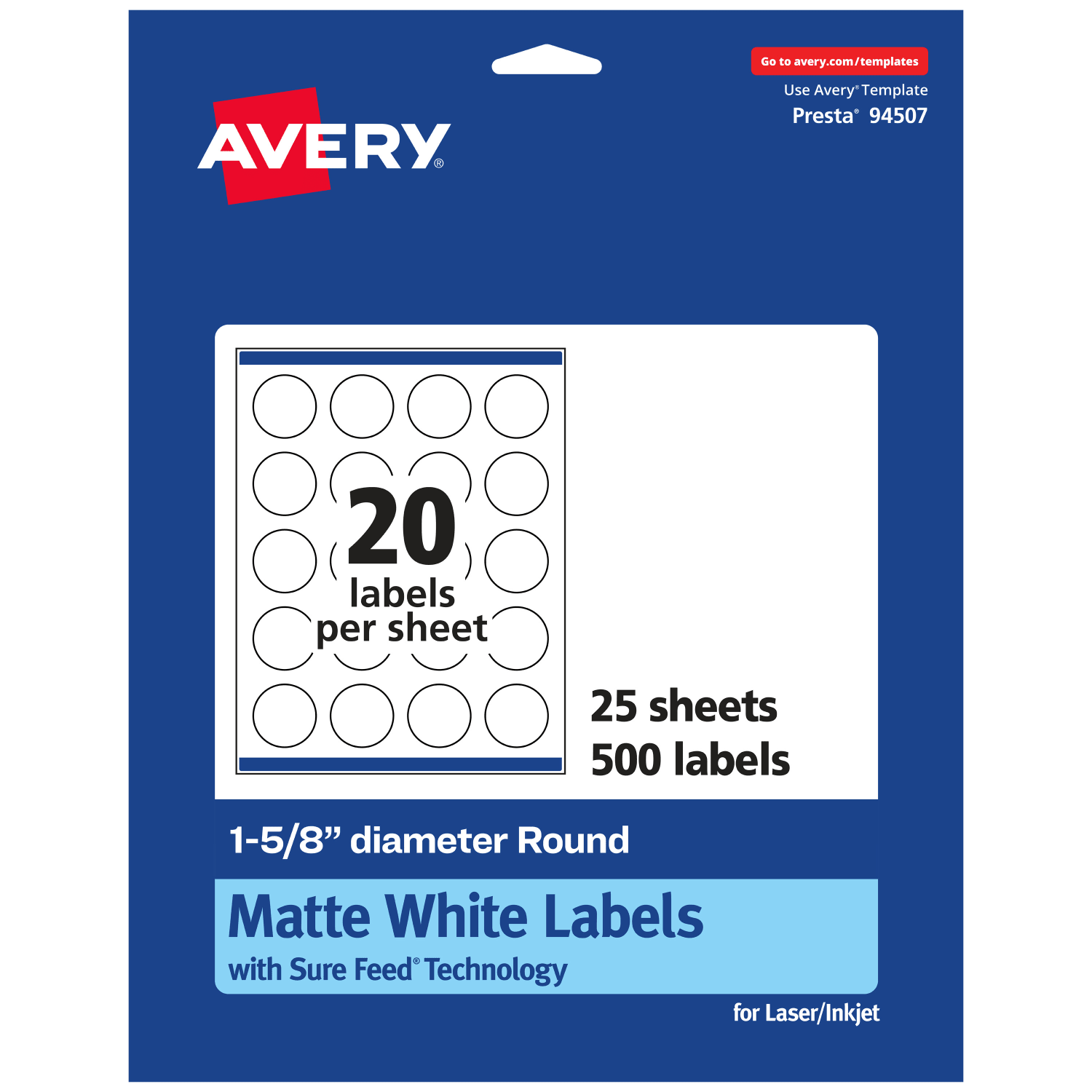 Avery Permanent Labels With Sure Feed, 94507-WMP25, Round, 1-5/8in Diameter, White, Pack Of 500