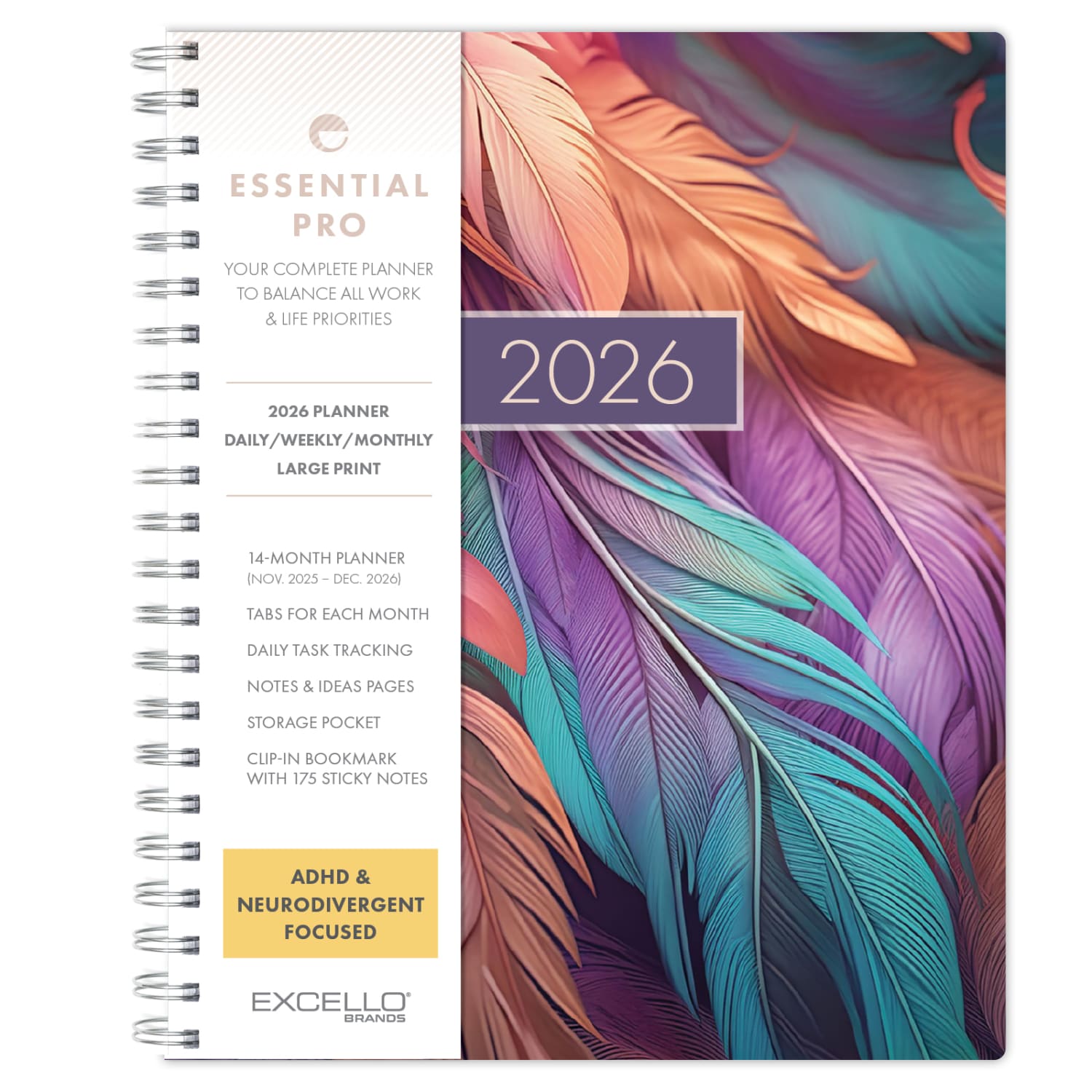 2026 Excello Brands Essential PRO Daily/Weekly/Monthly Planner, 8.5in x 11in, Pastel Peacock November 2025 - December 2026, (ESPRO-CY26-8511-61)