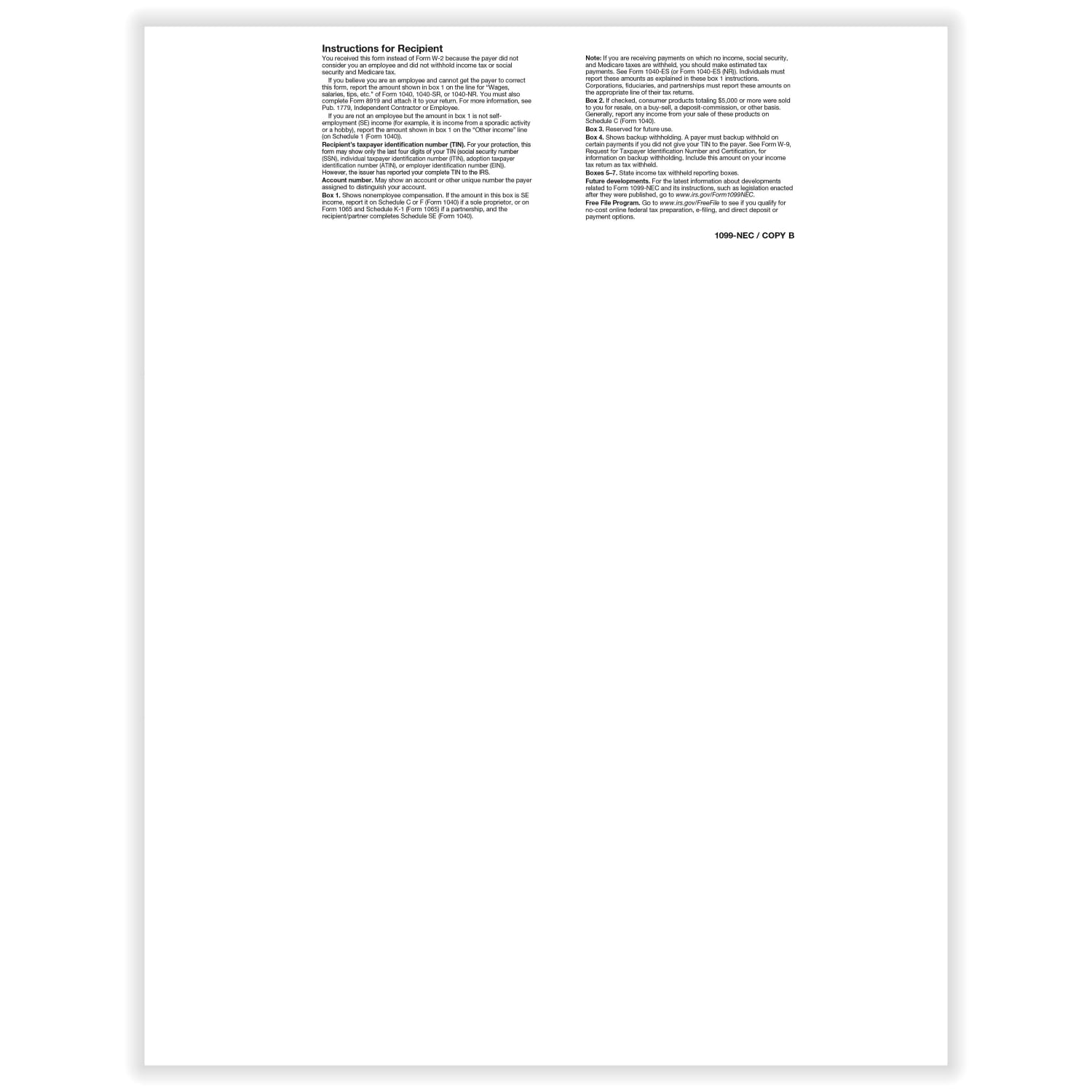 ComplyRight 1099-NEC Blank Tax Forms, Recipient Copy B/C, C Backer Information, 3-Up, Laser, 8-1/2in x 11in, Pack Of 25 Forms - Image 3