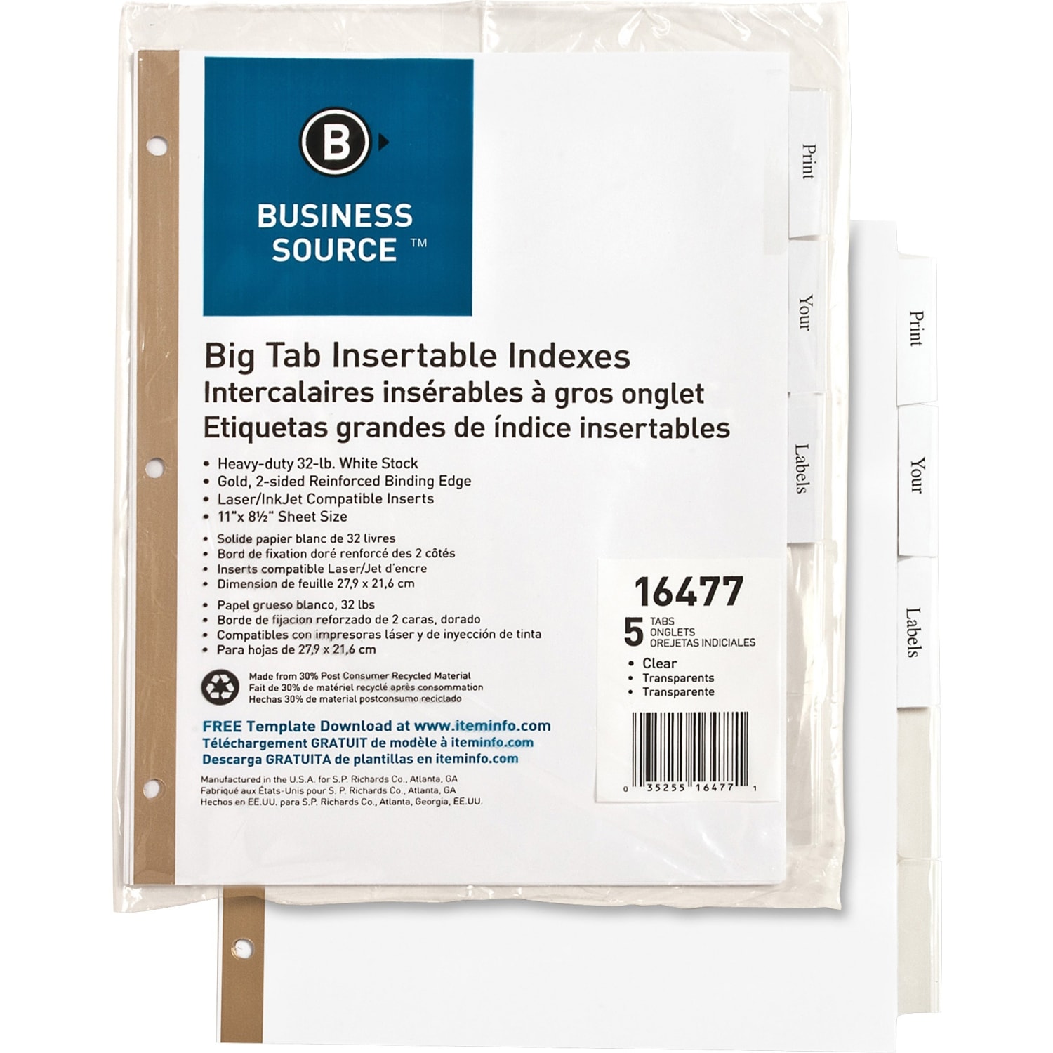 Business Source Tear-resistant Clear Tab Index Dividers - 5x Divider(s) - 5 Tab(s)/Set - 8.5in Dividerx 11in Divider - 16477