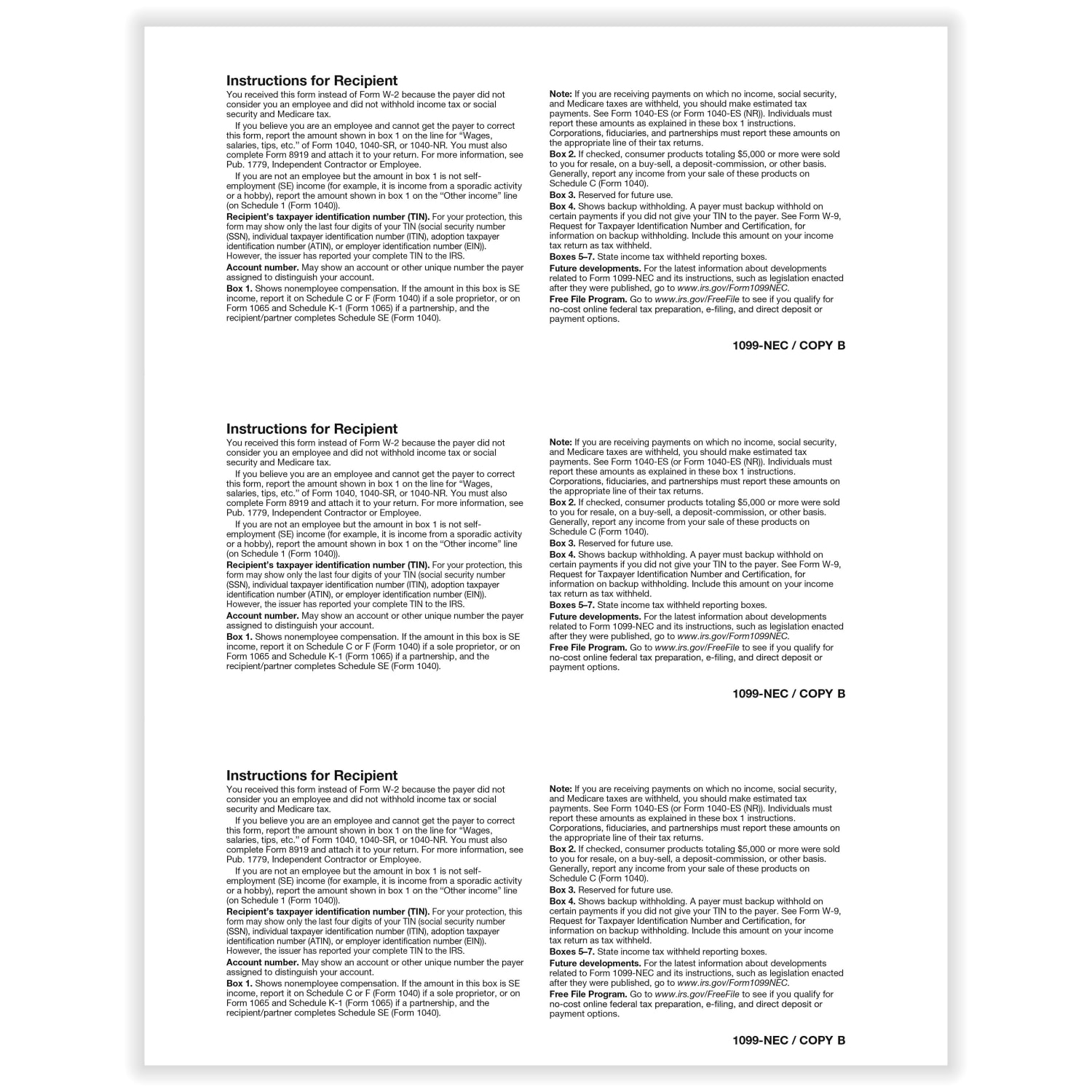 ComplyRight 1099-NEC Blank Tax Form with Copy B Backer and Stub, Laser, 8-1/2in x 11in, Pack of 50 Forms - Image 3