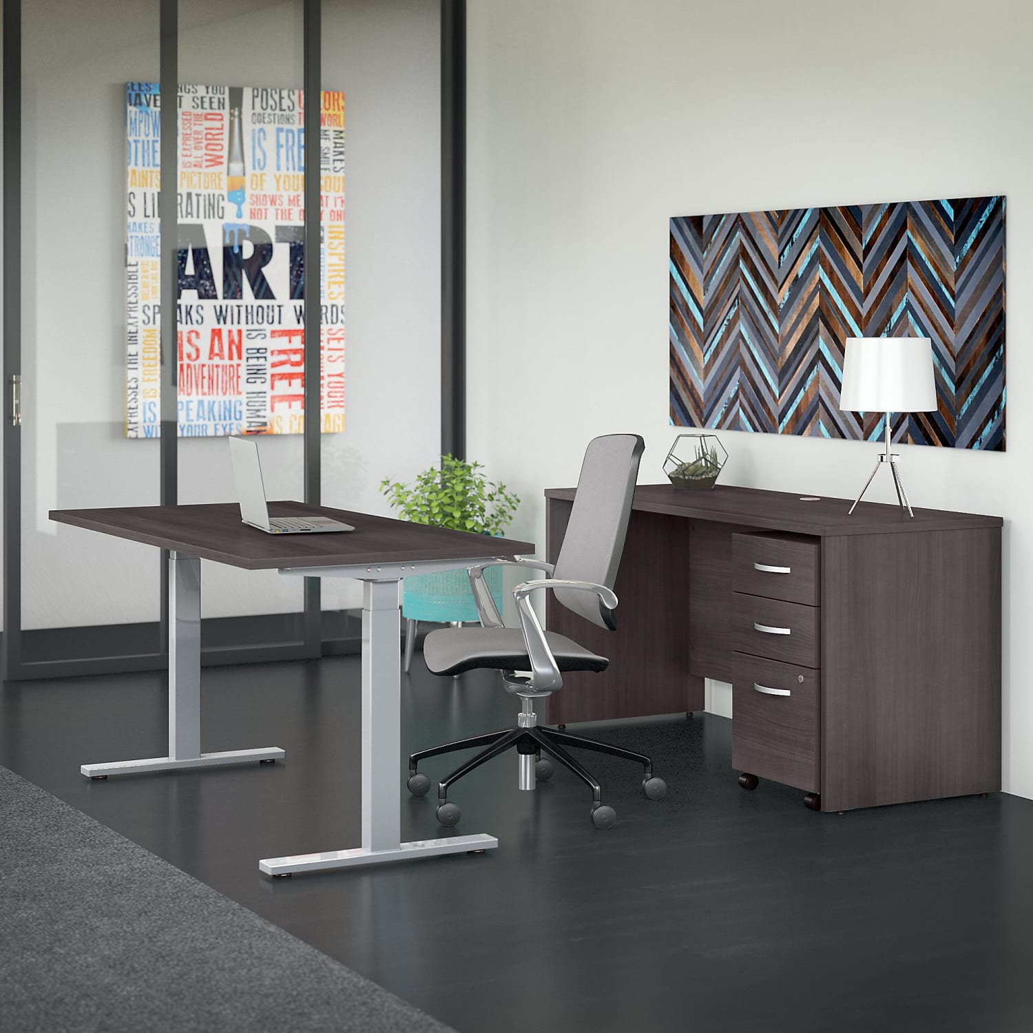 Bush Business Furniture Studio C Electric 60inW x 30inD Adjustable Standing Desk, Credenza and One Mobile File Cabinet, Storm Gray, Standard Delivery - Image 3